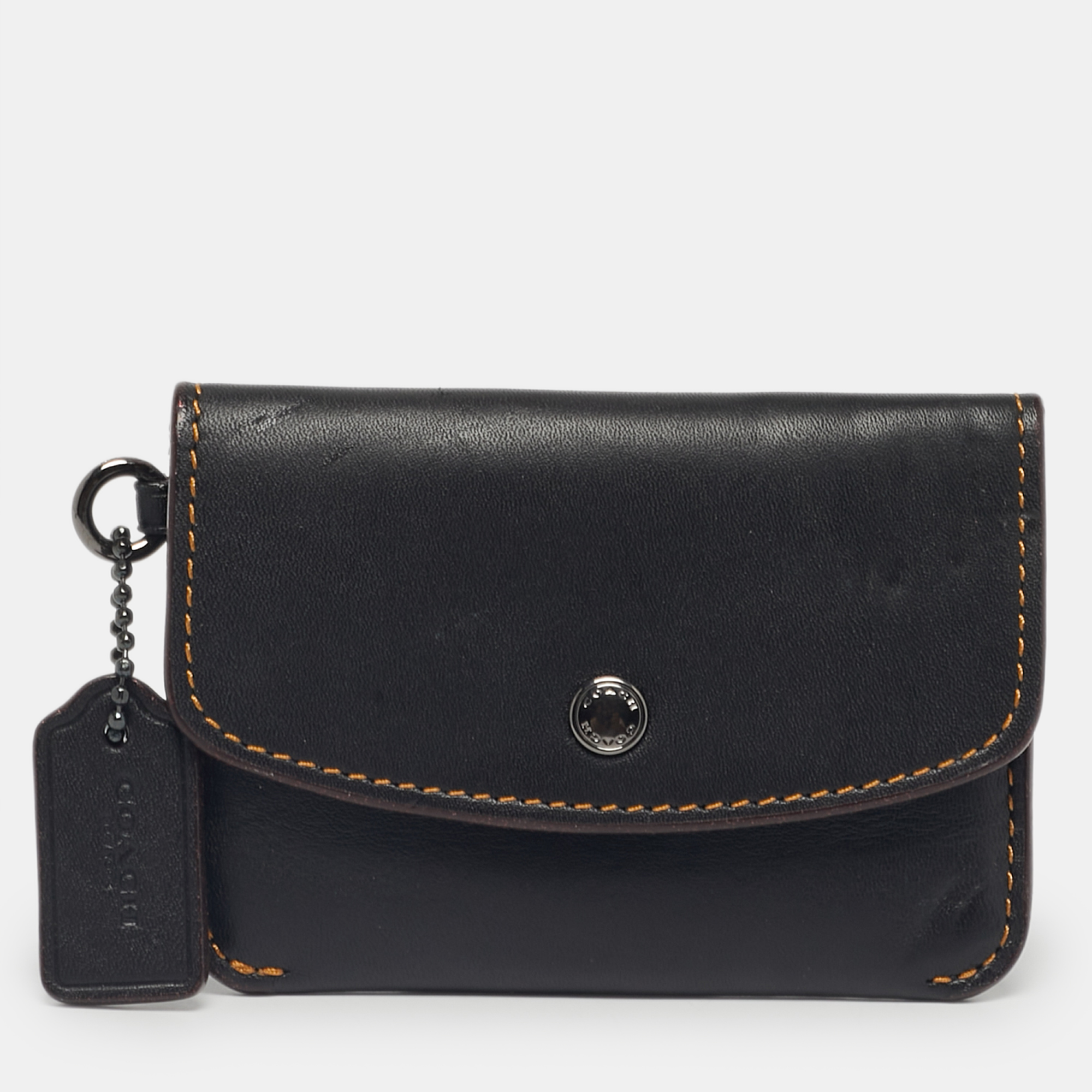 Pre-owned Coach Dark Brown Leather Flap Wristlet Card Case