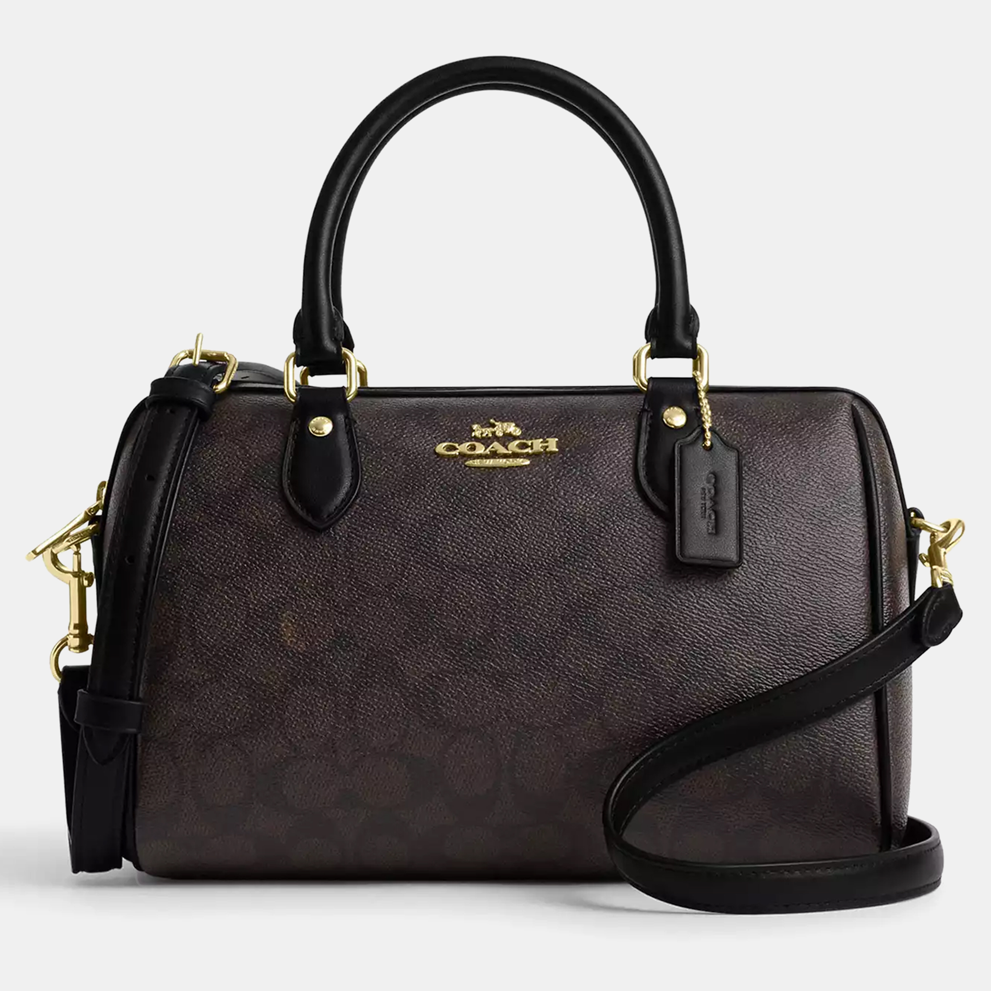 

Coach Rowan Signature Canvas Walnut, Black Leather Satchel Bag