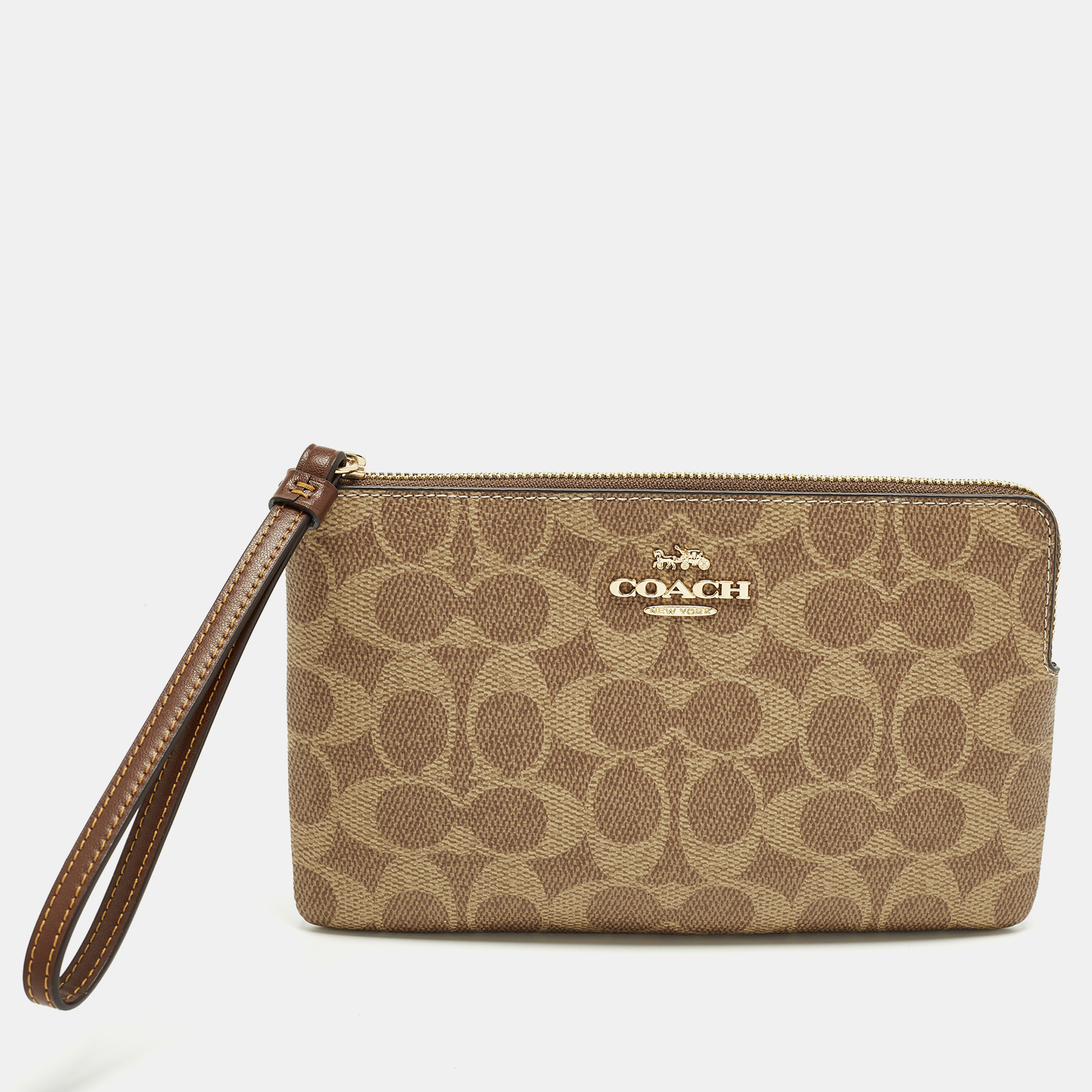 

Coach Corner Zip Beige Signature Coated Canvas Wristlet Pouch