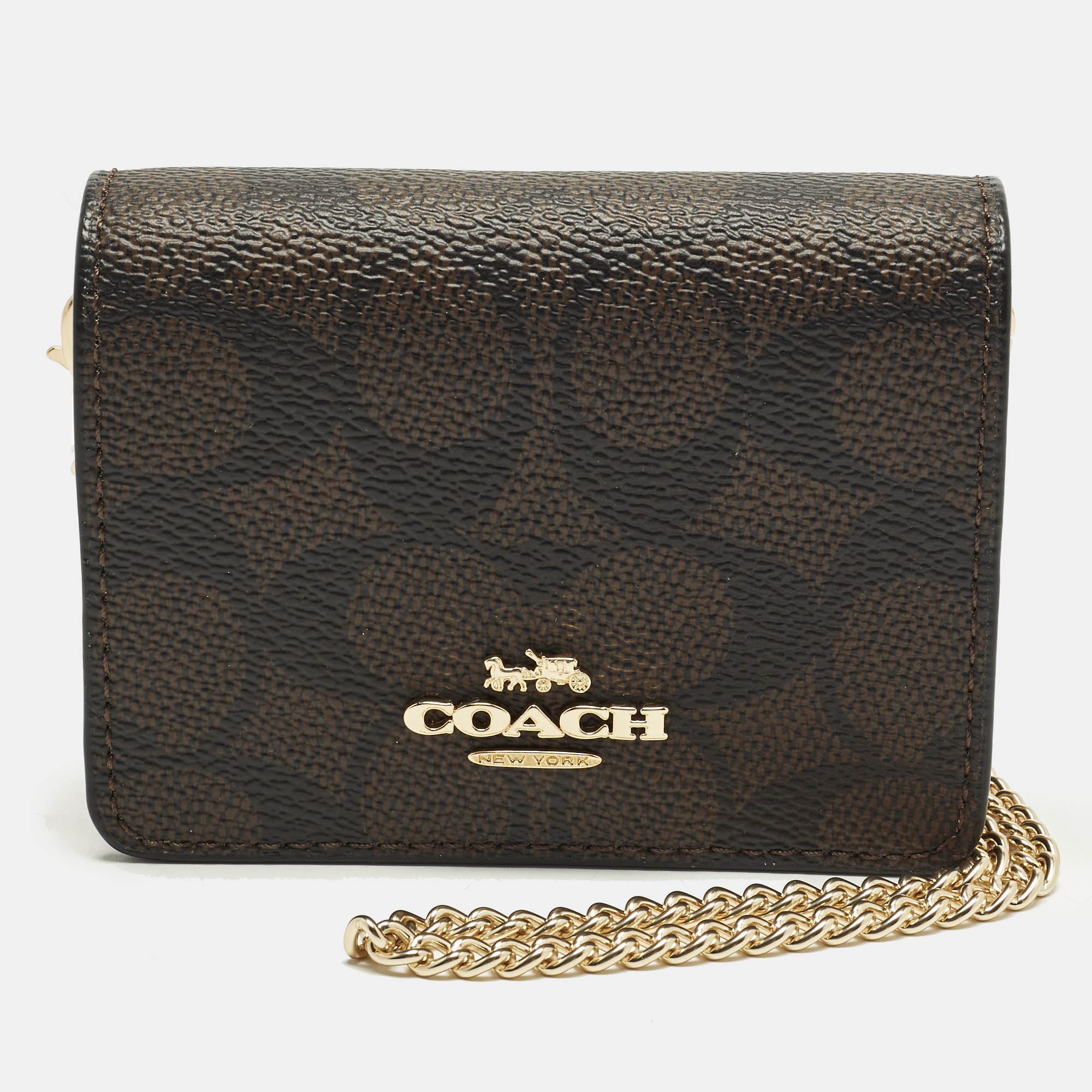 

Coach Mini Brown Signature Coated Canvas and Leather Wallet On Chain