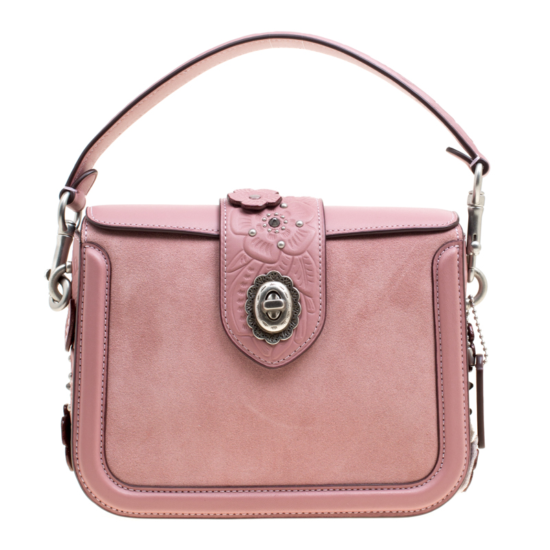 Pre Owned Coach Bubble Gum Suede and Leather Tea Rose Tooling Page Shoulder Bag