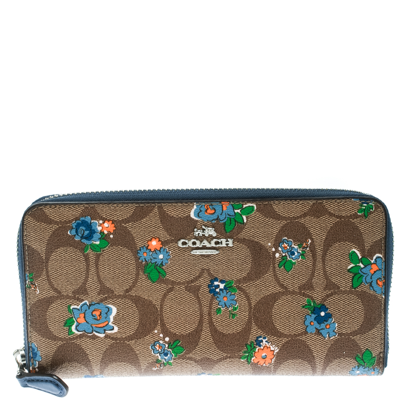 Pre Owned Coach Brown/Blue Coated Canvas and Leather Floral Zip Around Wallet 