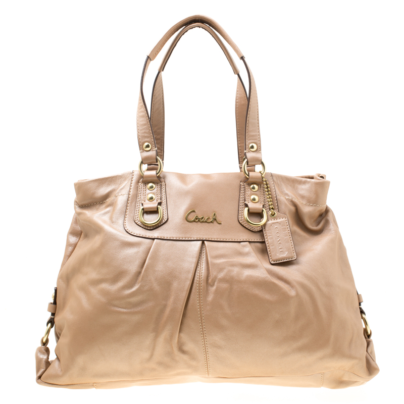 Pre Owned Coach Shimmering Beige Leather Top Handle Bag