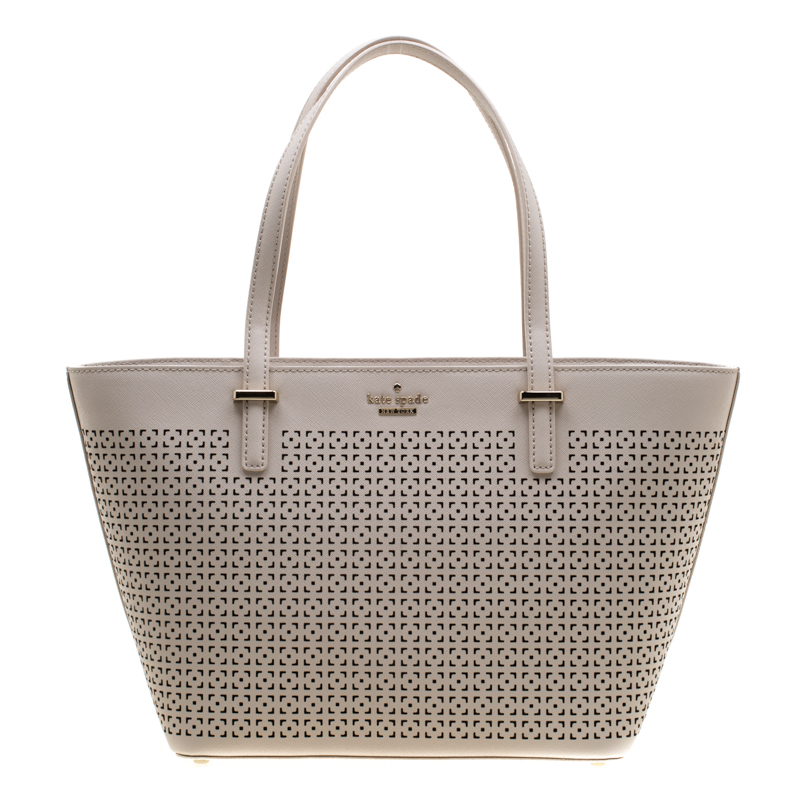 Pre Owned Kate Spade Off White Perforated Leather Harmony Tote
