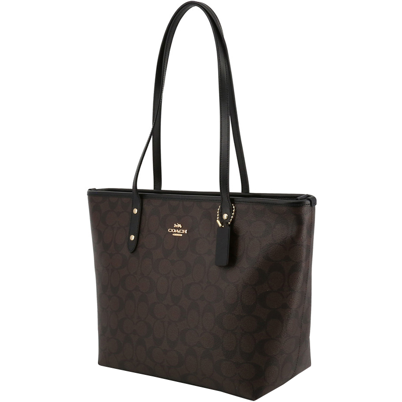 

Coach Brown/Black Signature Coated Canvas City Zip Tote