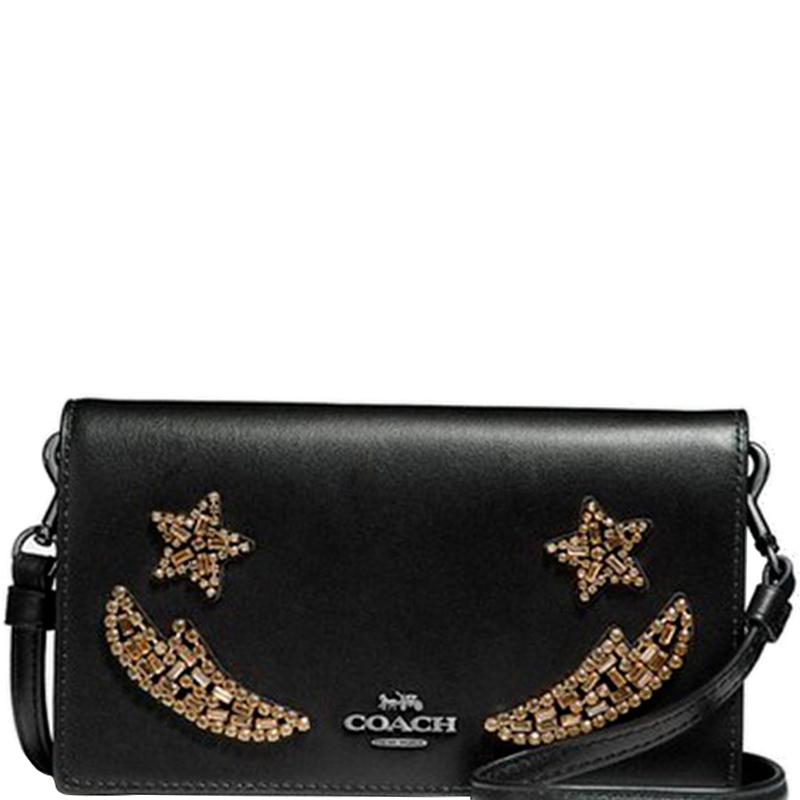 

Coach Black Leather Crystal Embellishment Slim Phone Crossbody Bag