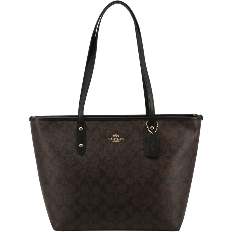 Coach Brown/Black Signature Coated Canvas City Zip Tote