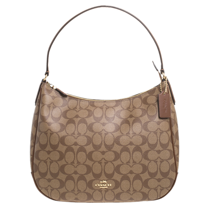 Coach Brown Signature Coated Canvas and Leather Zip Hobo