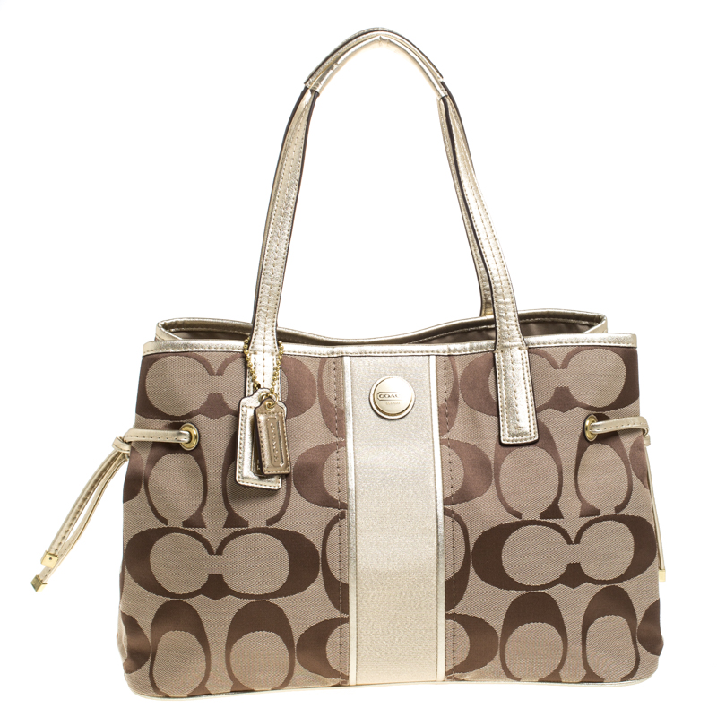 Coach Metallic Gold/Beige Signature Canvas and Leather Stripe Carryall Tote
