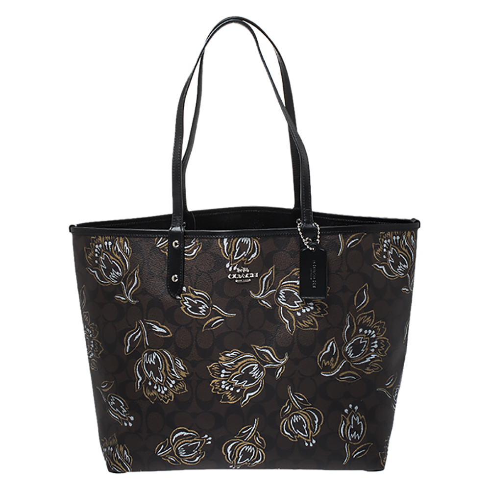 Coach Brown Floral Print Coated Canvas City Tote