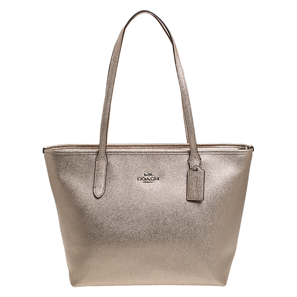 coach silver metallic tote