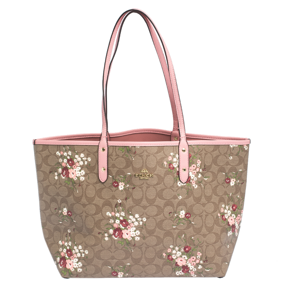Coach Pink/Beige Signature Floral Print Coated Canvas and Leather Reversible City Tote