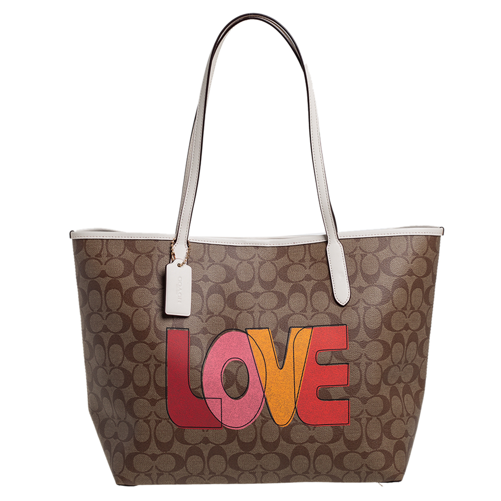Pre-owned Coach Beige/white Signature Love Print Coated Canvas And Leather City Tote