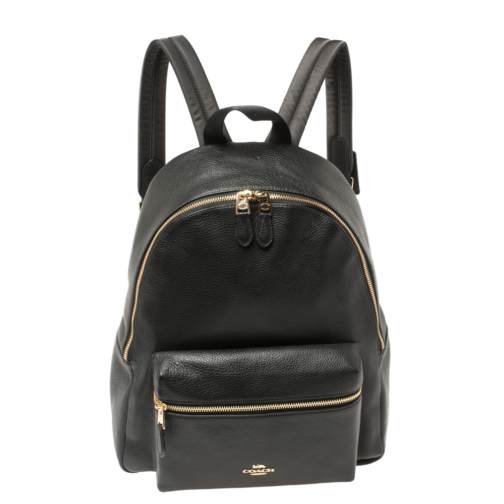 Pre-owned Coach Black Pebbled Leather Charlie Backpack