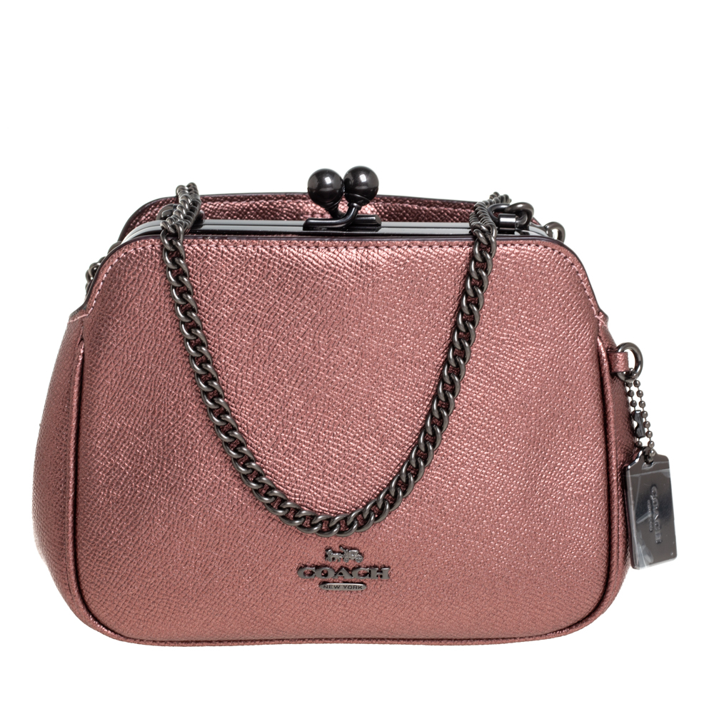 Pre-owned Coach Metallic Pink Leather Pearl Kisslock Crossbody Bag