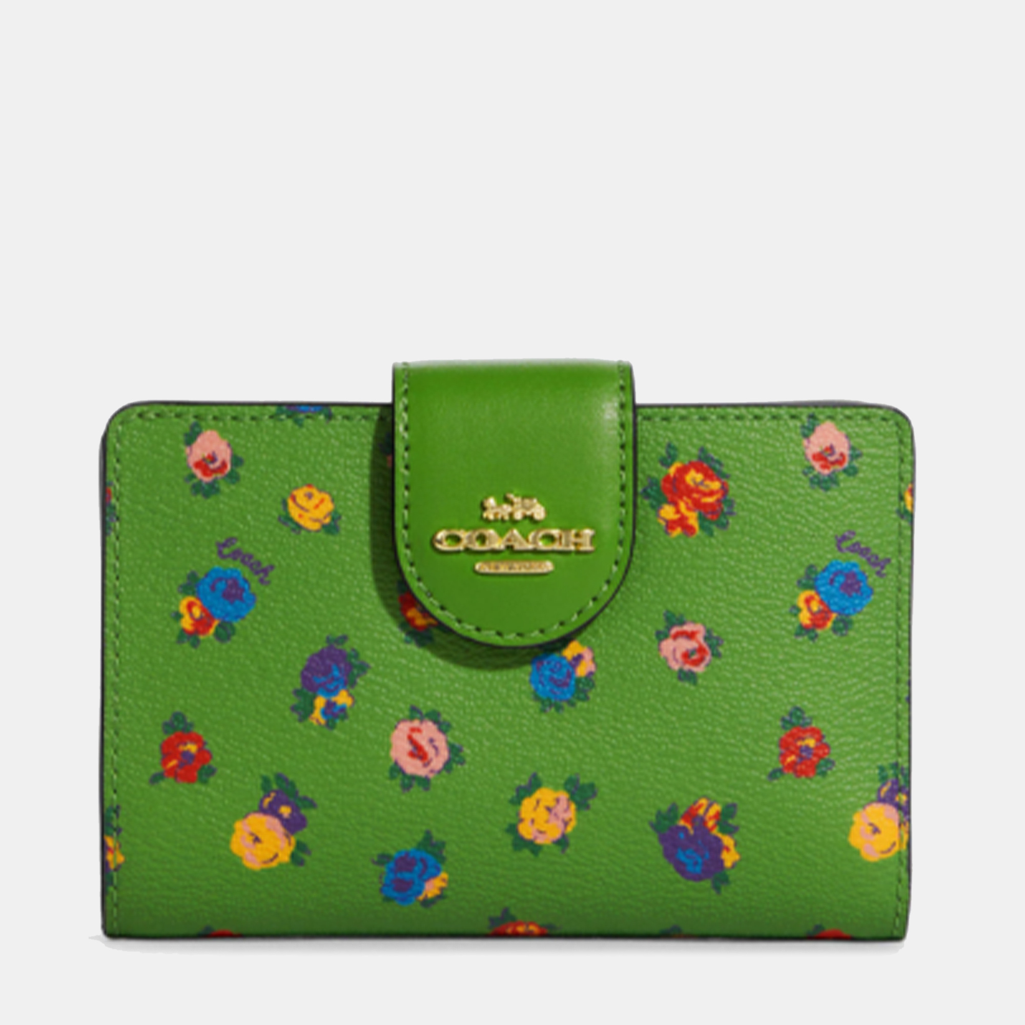 Pre Owned Coach Green Leather Vintage Rose Print Zip Wallet