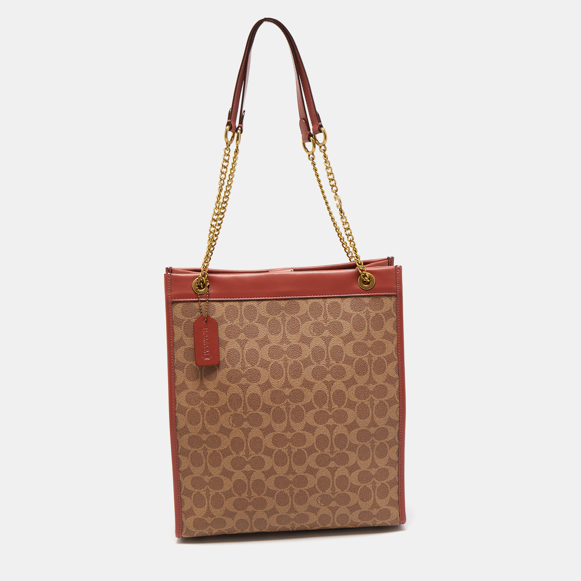 Pre Owned Coach Old Rose/Beige Signature Coated Canvas Cashin Chain Tote