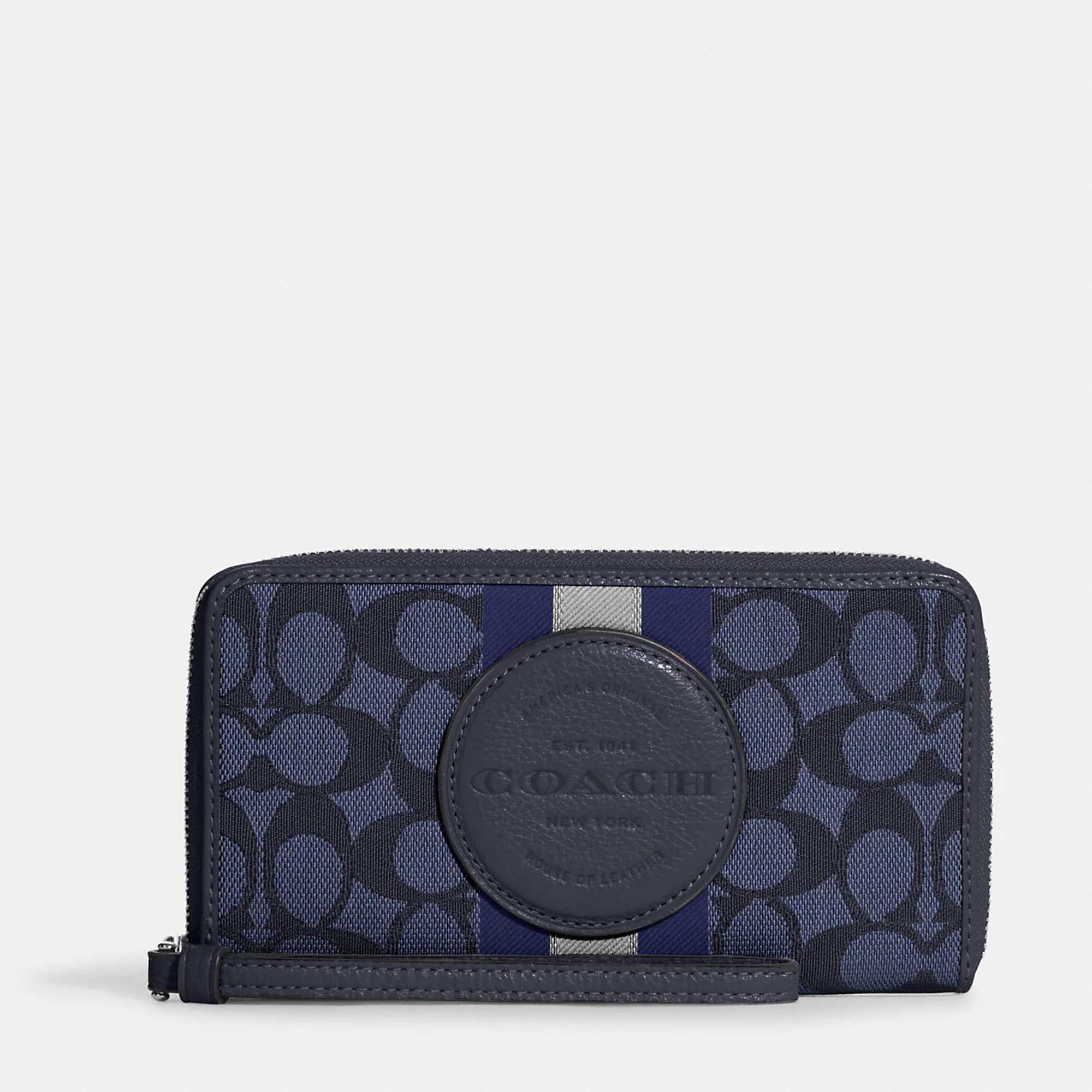 Pre-owned Coach Blue Signature Jacquard & Leather Dempsey Large Phone Wallet
