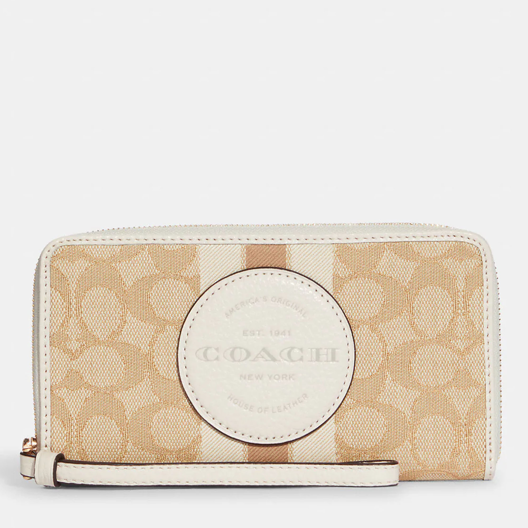 Pre-owned Coach White/beige Signature Jacquard Leather Dempsey Large Phone Wallet