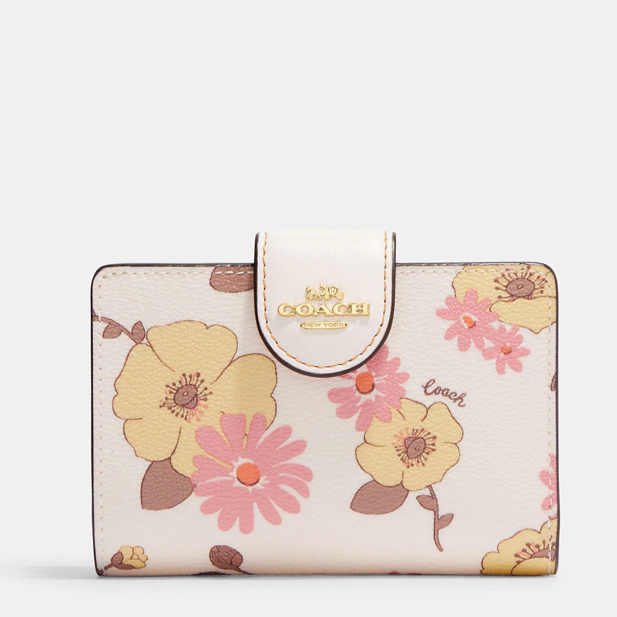 Pre-owned Coach Gold/white Canvas And Leather Medium Corner Zip Wallet Floral Print