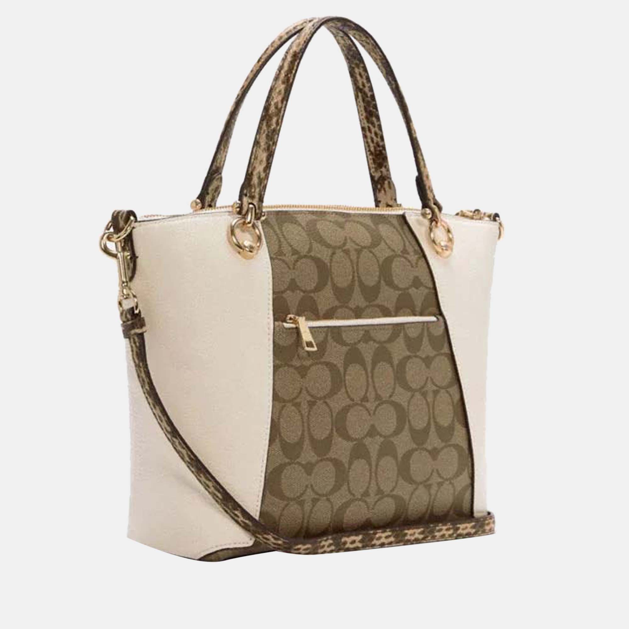 

Coach White/Brown Signature Canvas & Snake Embossed Leather Kacey Satchel Bag