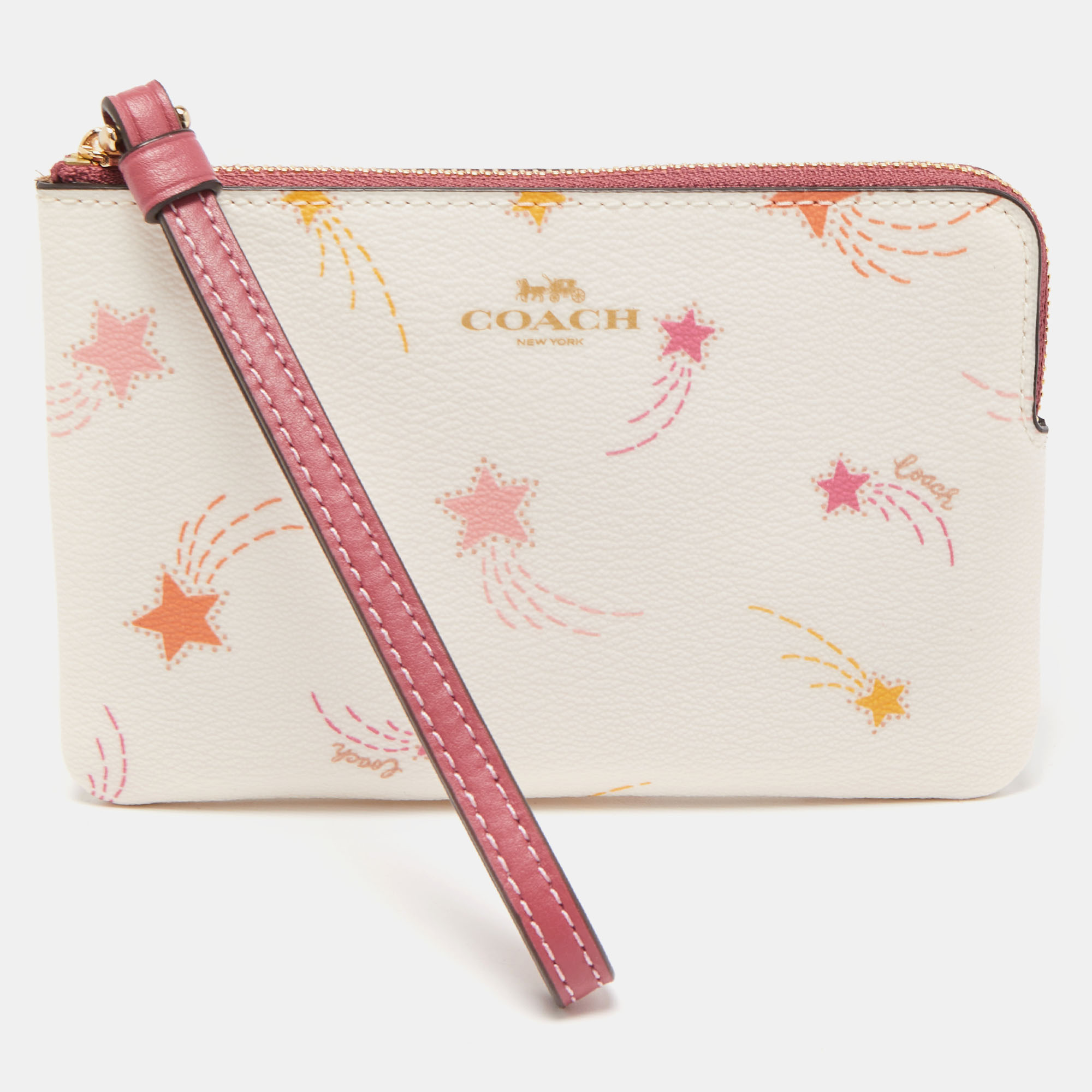 Pre-owned Coach Old Rose/off White Coated Canvas Shooting Star Print Zip Wristlet Pouch In Pink