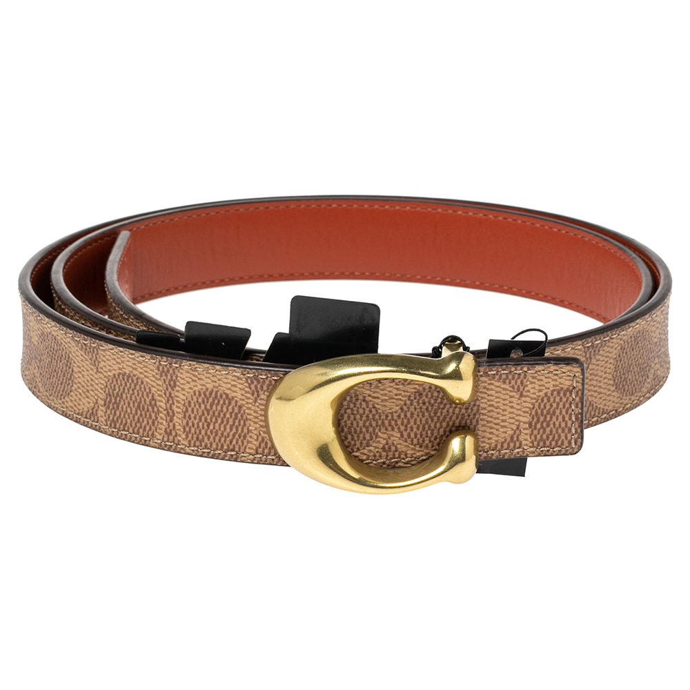 

Coach Brown Signature Coated Canvas Logo Buckle Belt