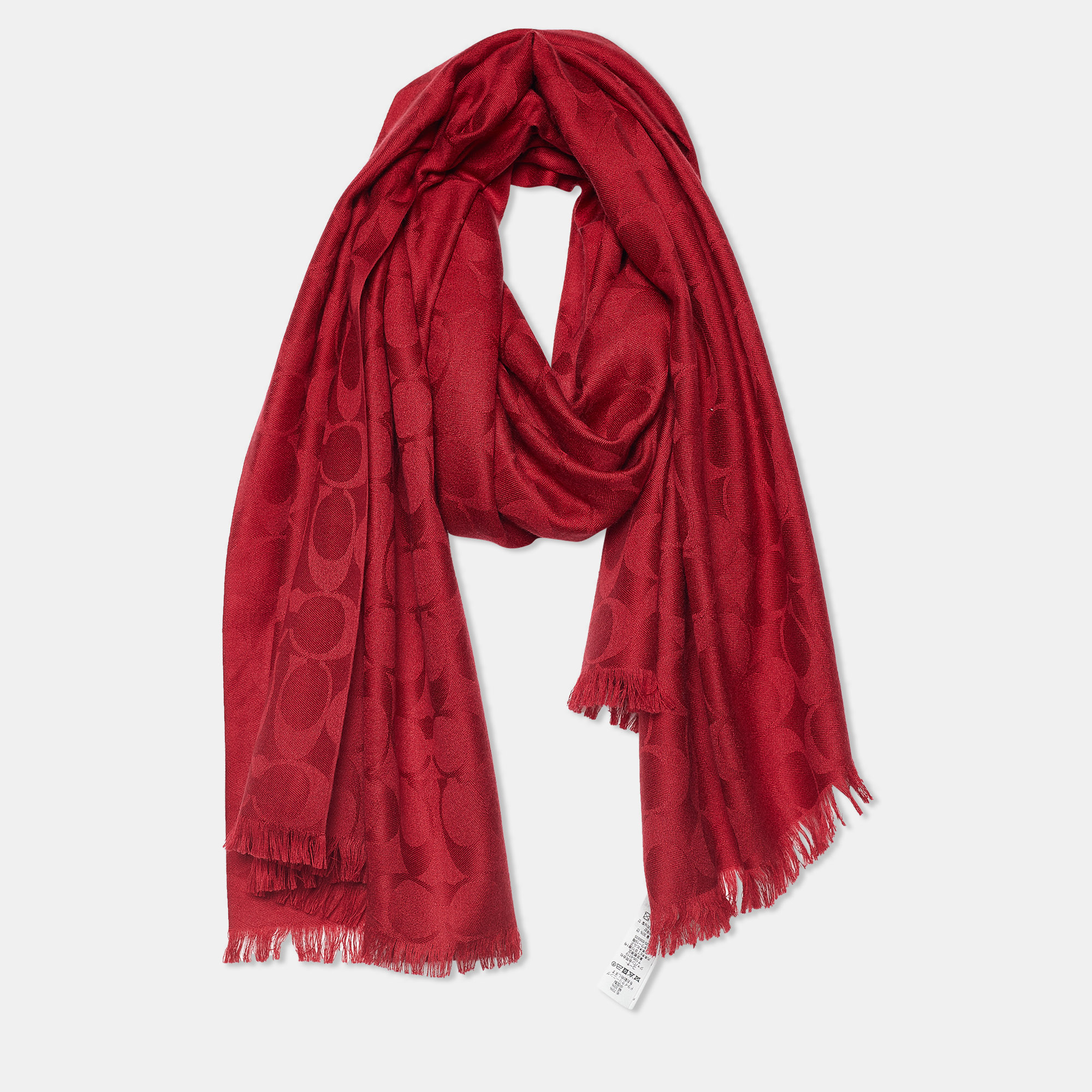 

Coach Red Cotton Wool Silk Logo Jacquard Scarf