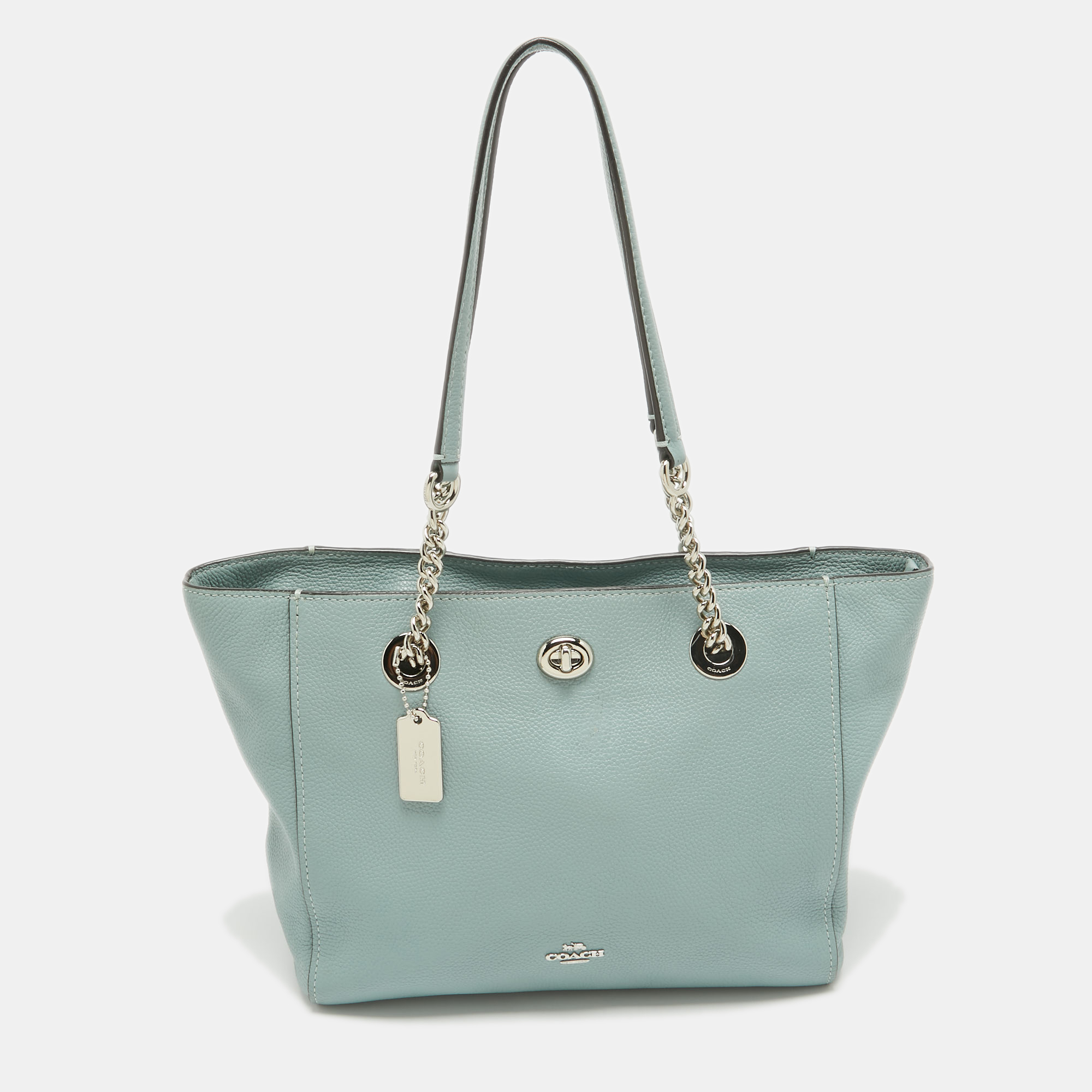 

Coach Light Blue Leather Turnlock Chain Tote