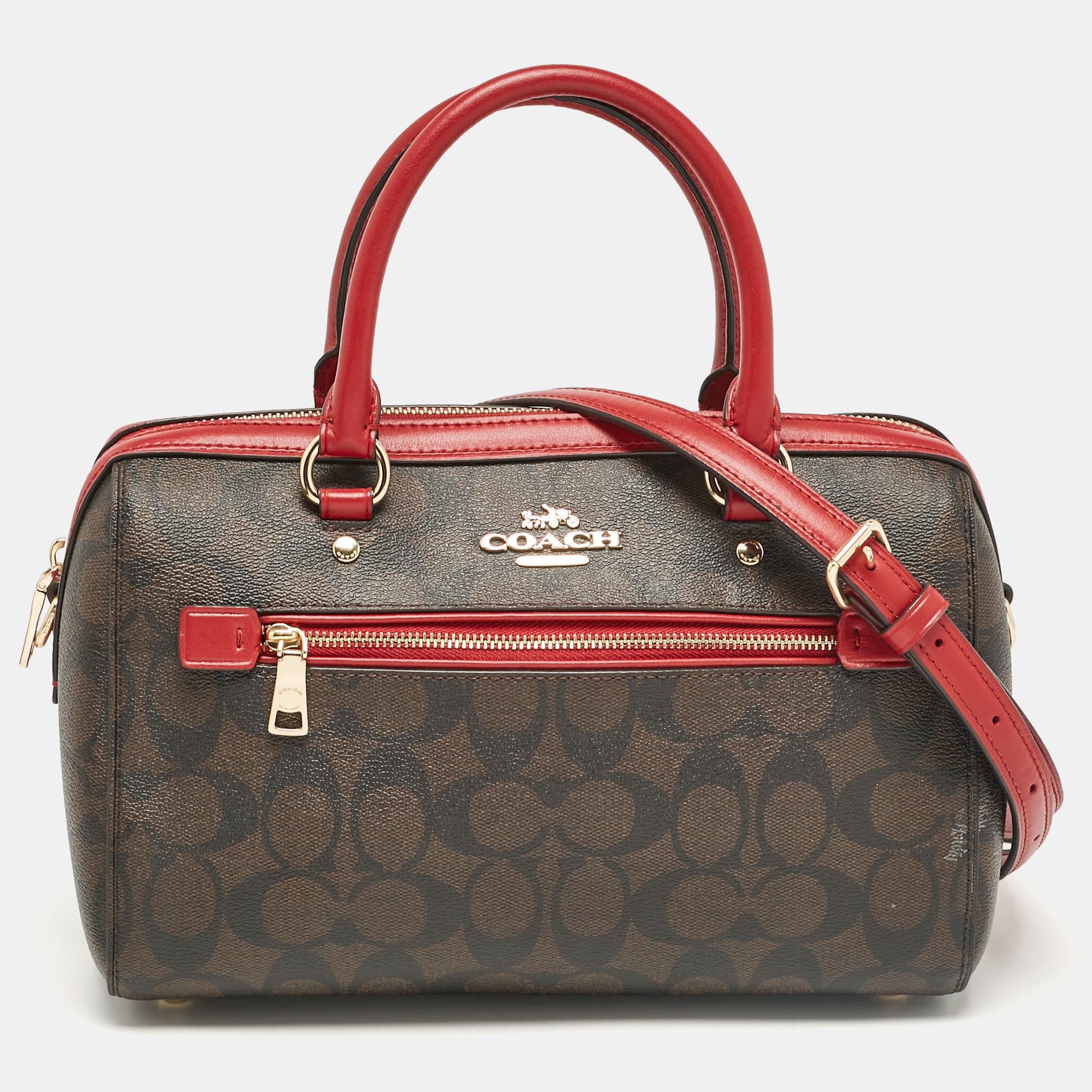 

Coach Red/Brown Signature Coated Canvas Rowan Boston Bag