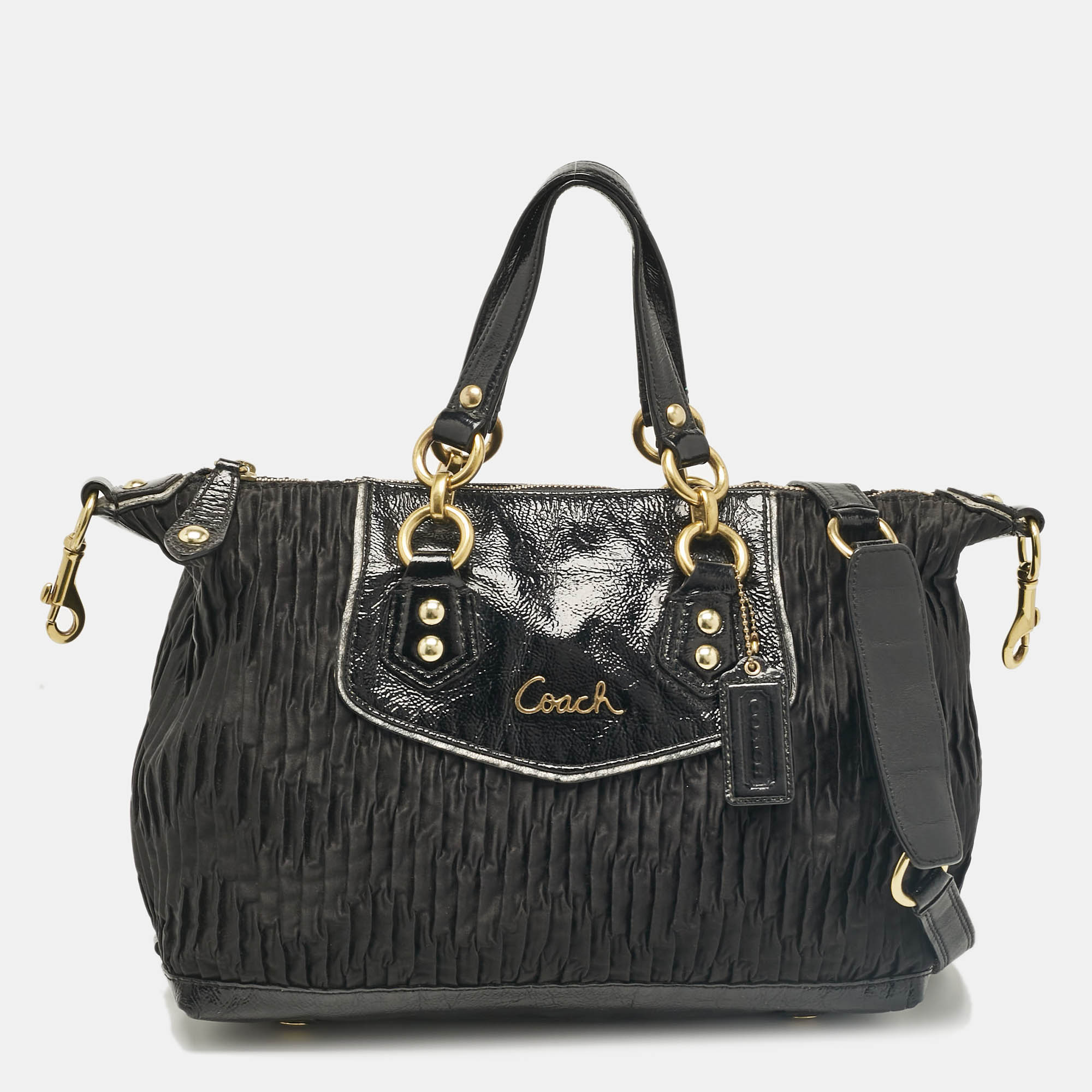 

Coach Black Satin and Patent Leather Ashley Tote