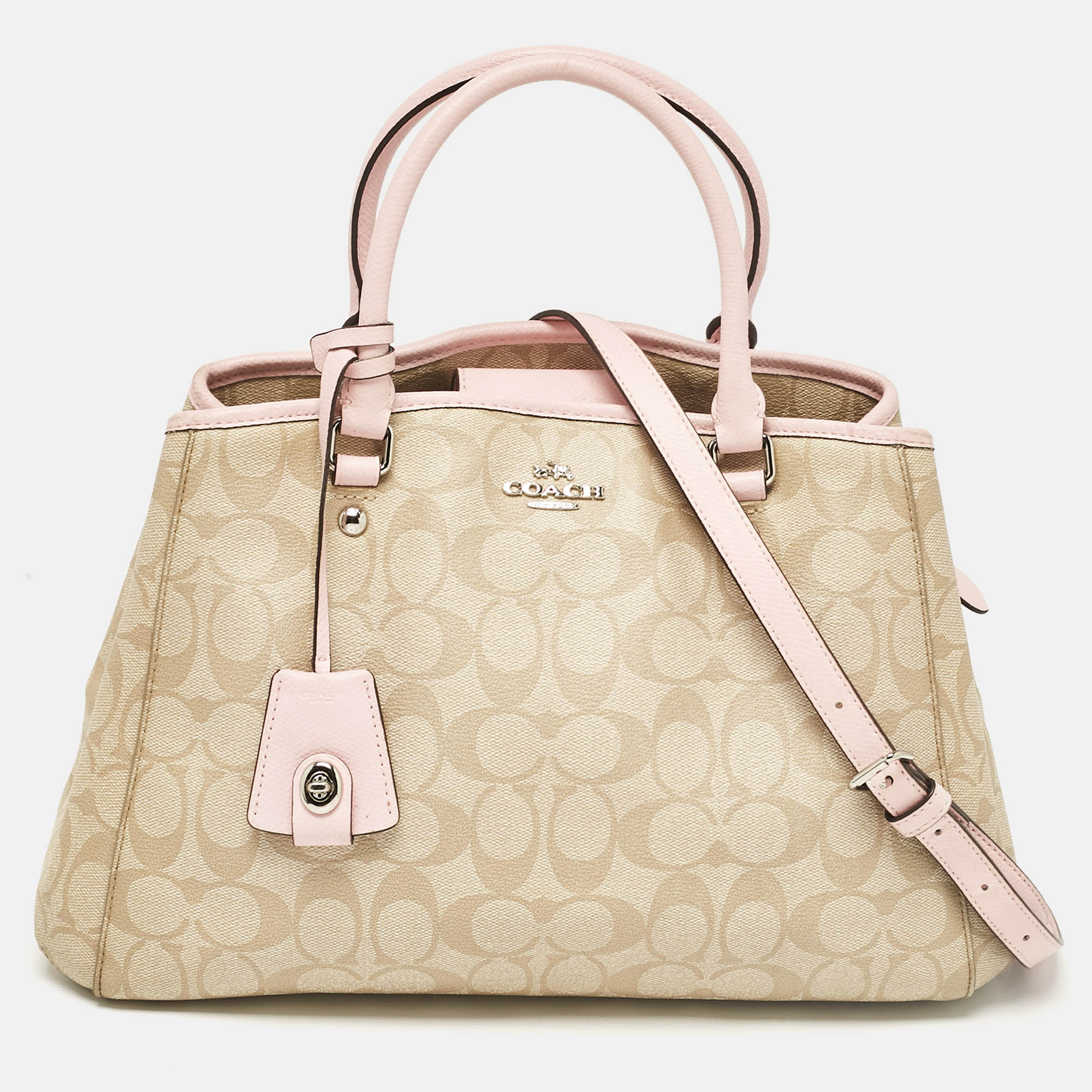 

Coach Pink/Beige Signature Coated Canvas Margot Carryall Satchel