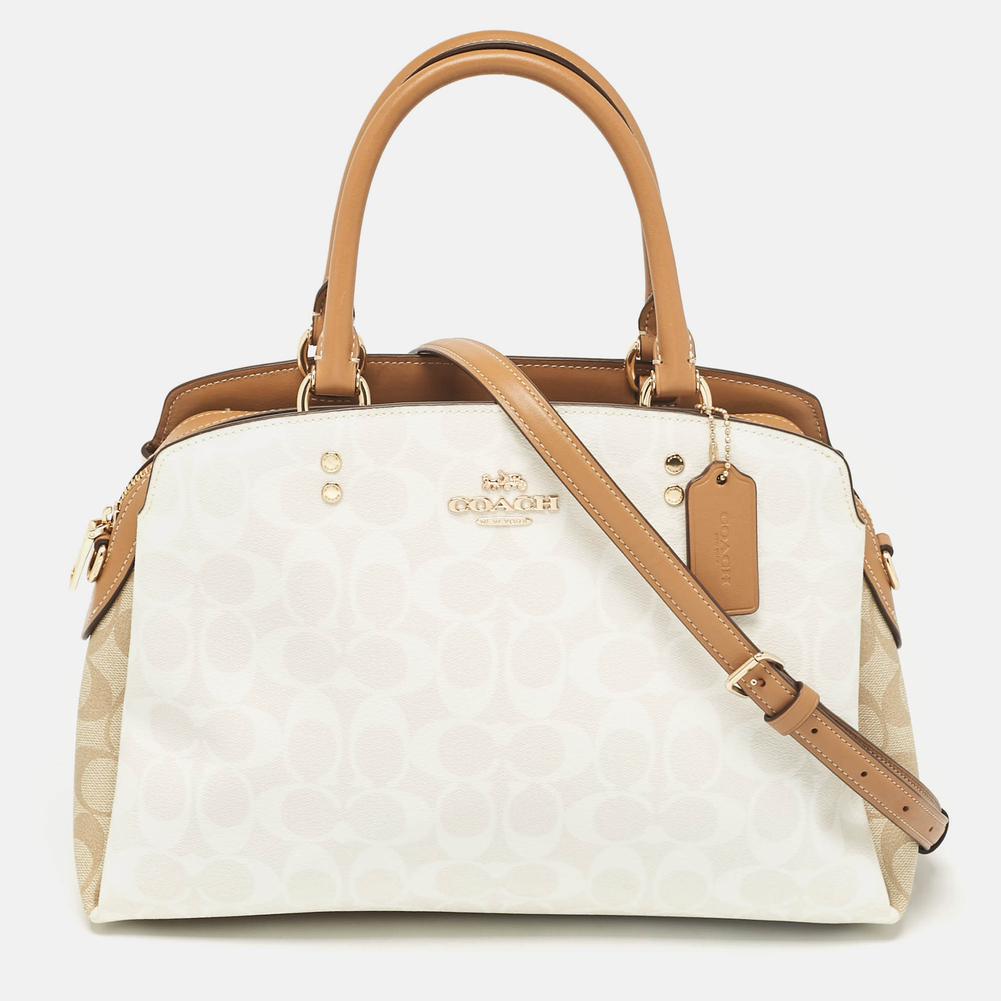 

Coach Beige/Off White Signature Coated Canvas and Leather Lillie Carryall Satchel