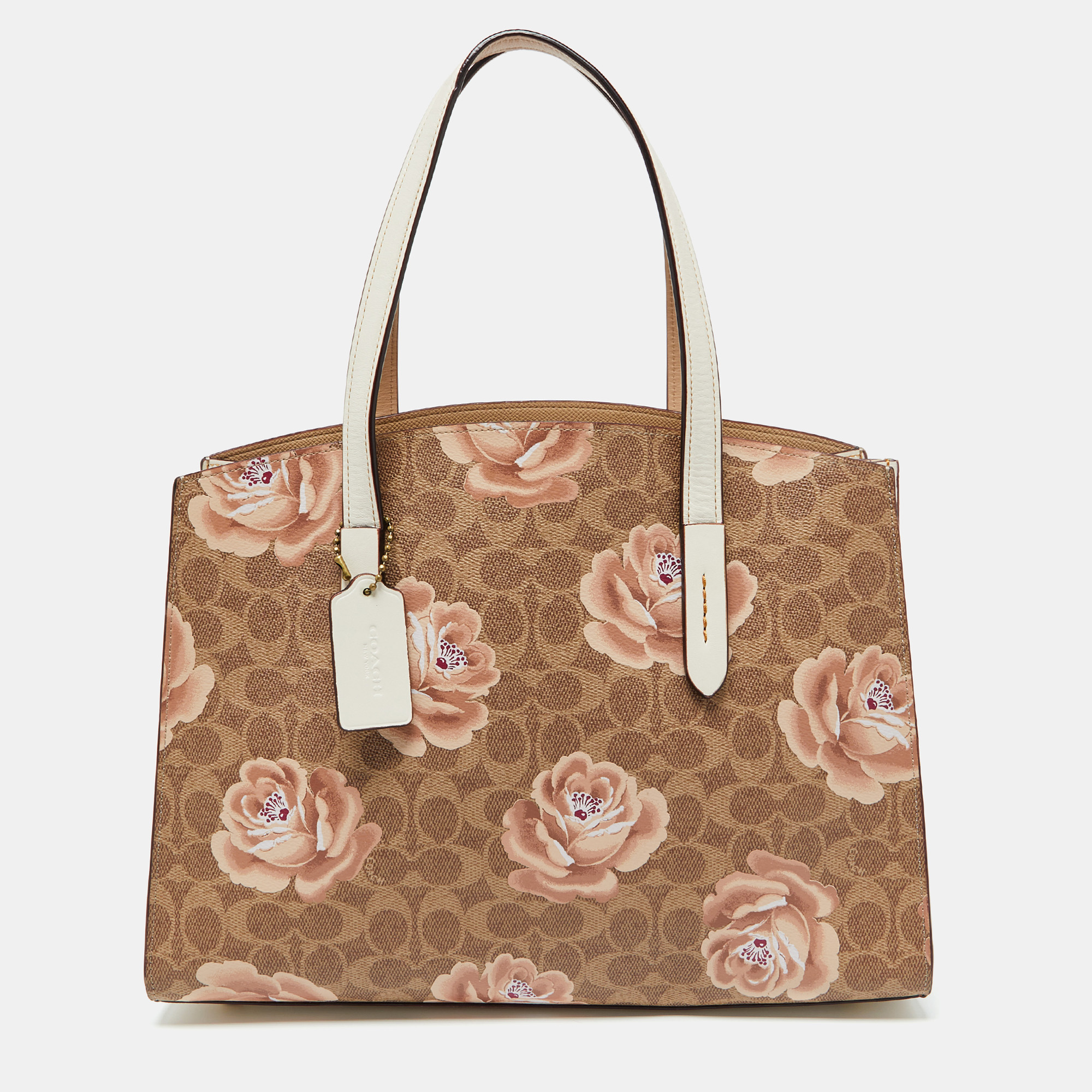 

Coach Brown/White Signature Floral Coated Canvas and Leather Charlie Carryall Tote