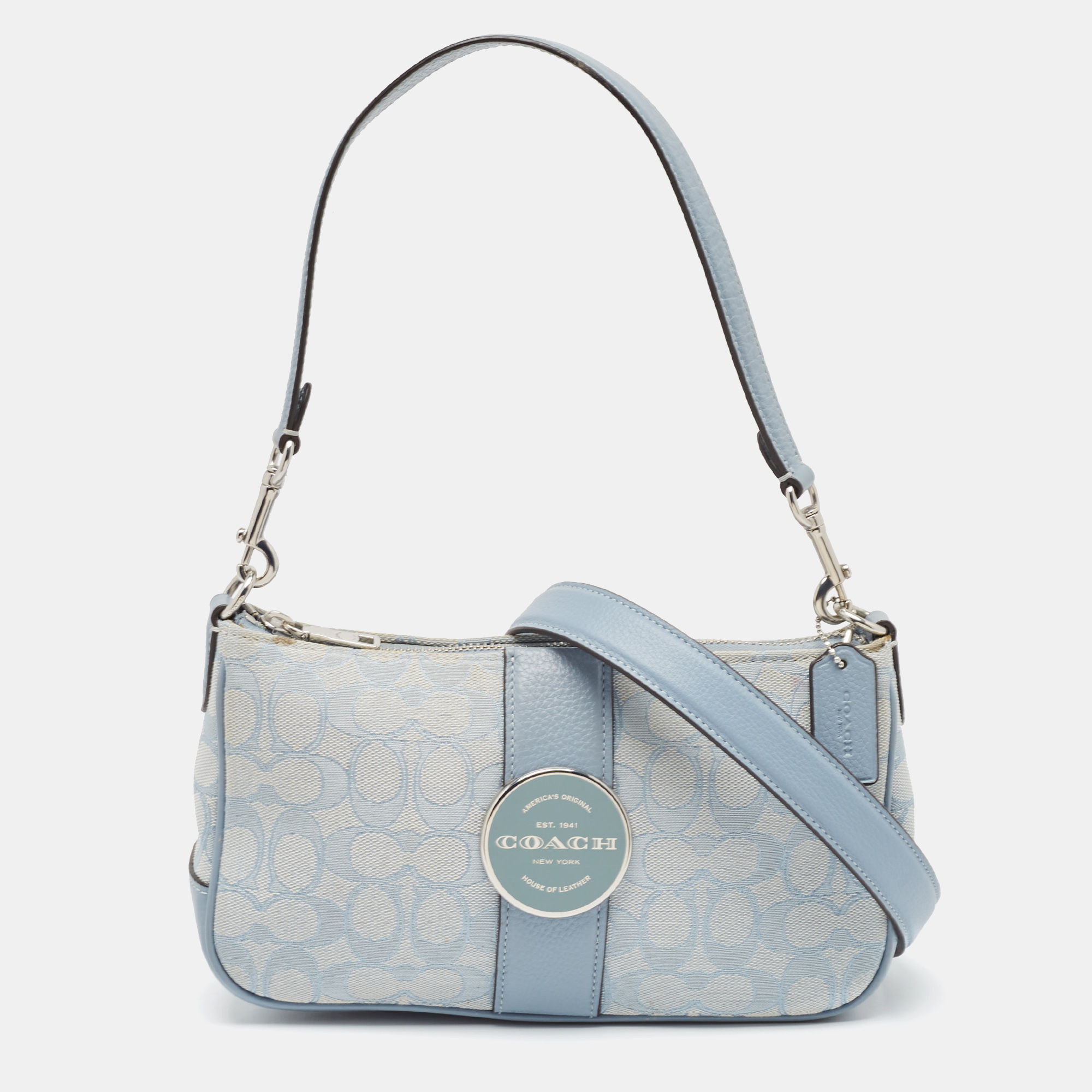 

Coach Light Blue Signature Jacquard Canvas Lonnie Baguette Bag