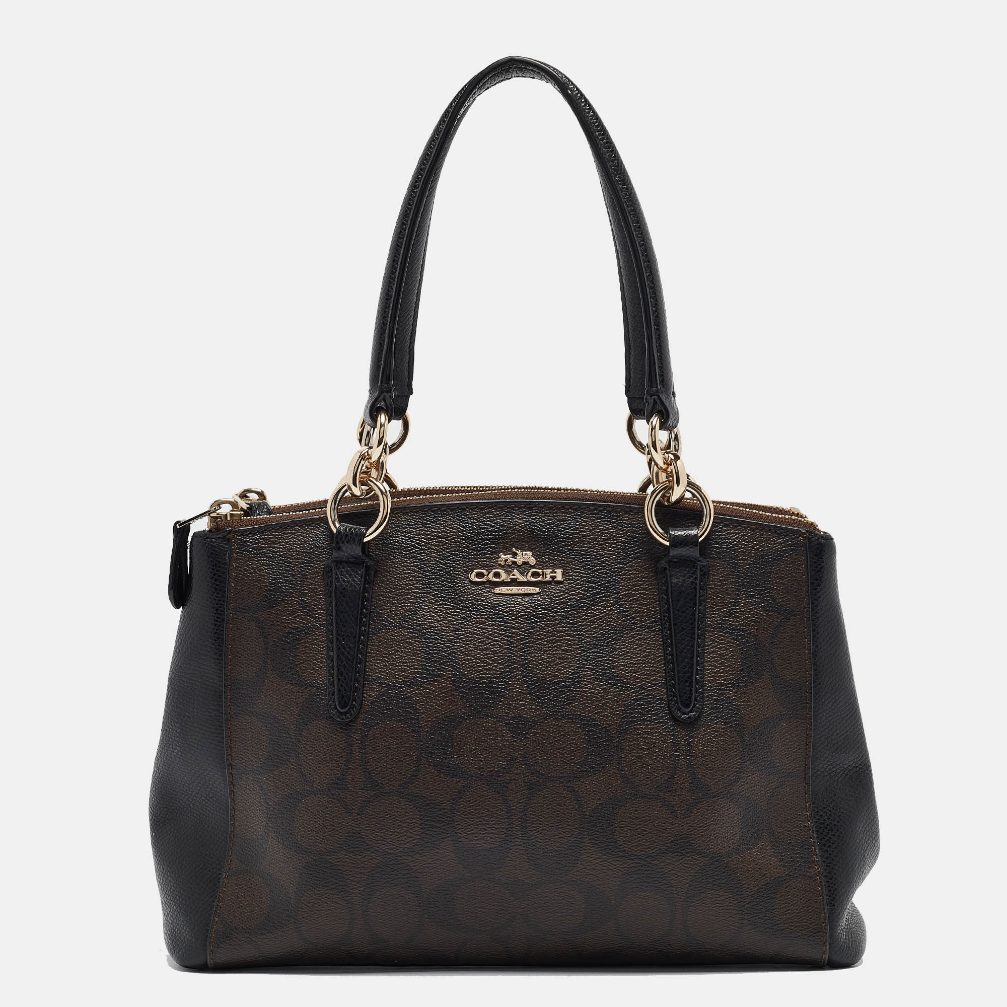 

Coach Black/Brown Signature Coated Canvas and Leather Mini Christie Carryall Satchel