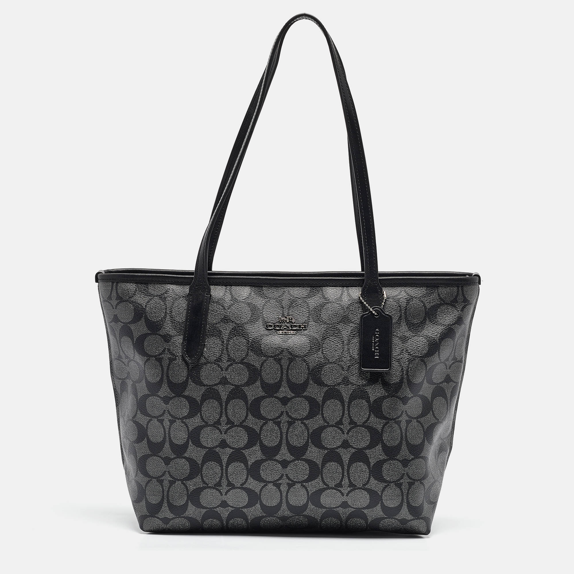 

Coach Black/Silver Signature Coated Canvas and Leather City Zip Tote