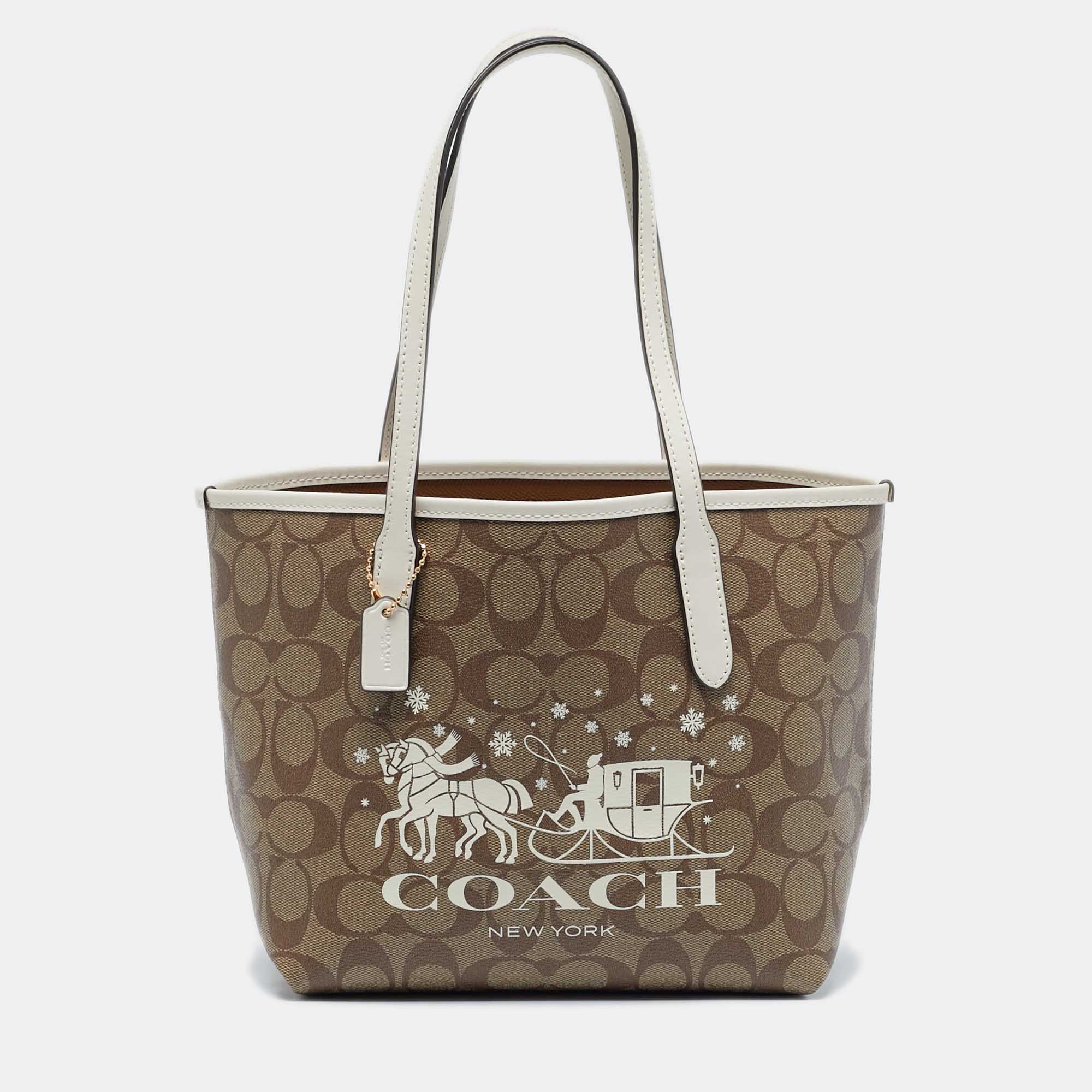 

Coach Beige/White Signature Coated Canvas and Leather Mini City Tote