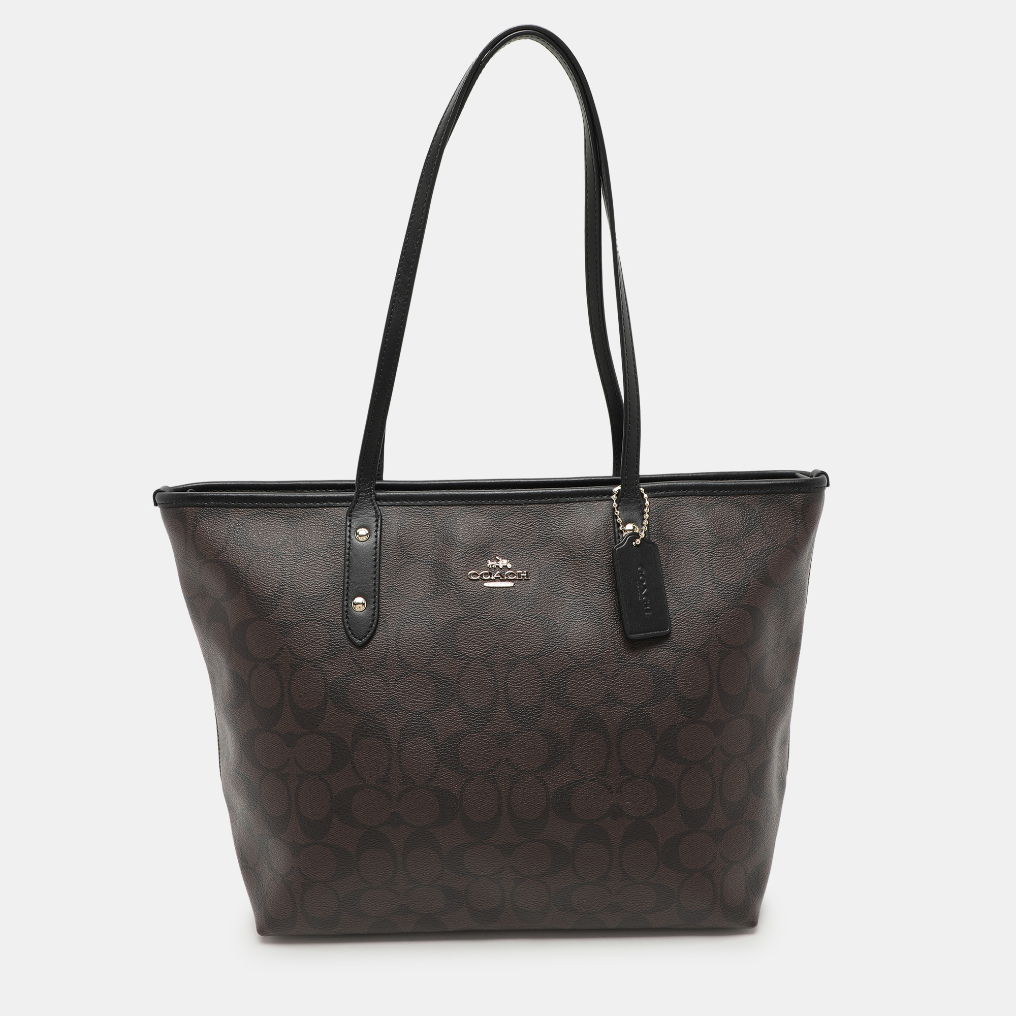 

Coach Black/Brown Signature Coated Canvas and Leather City Zip Tote