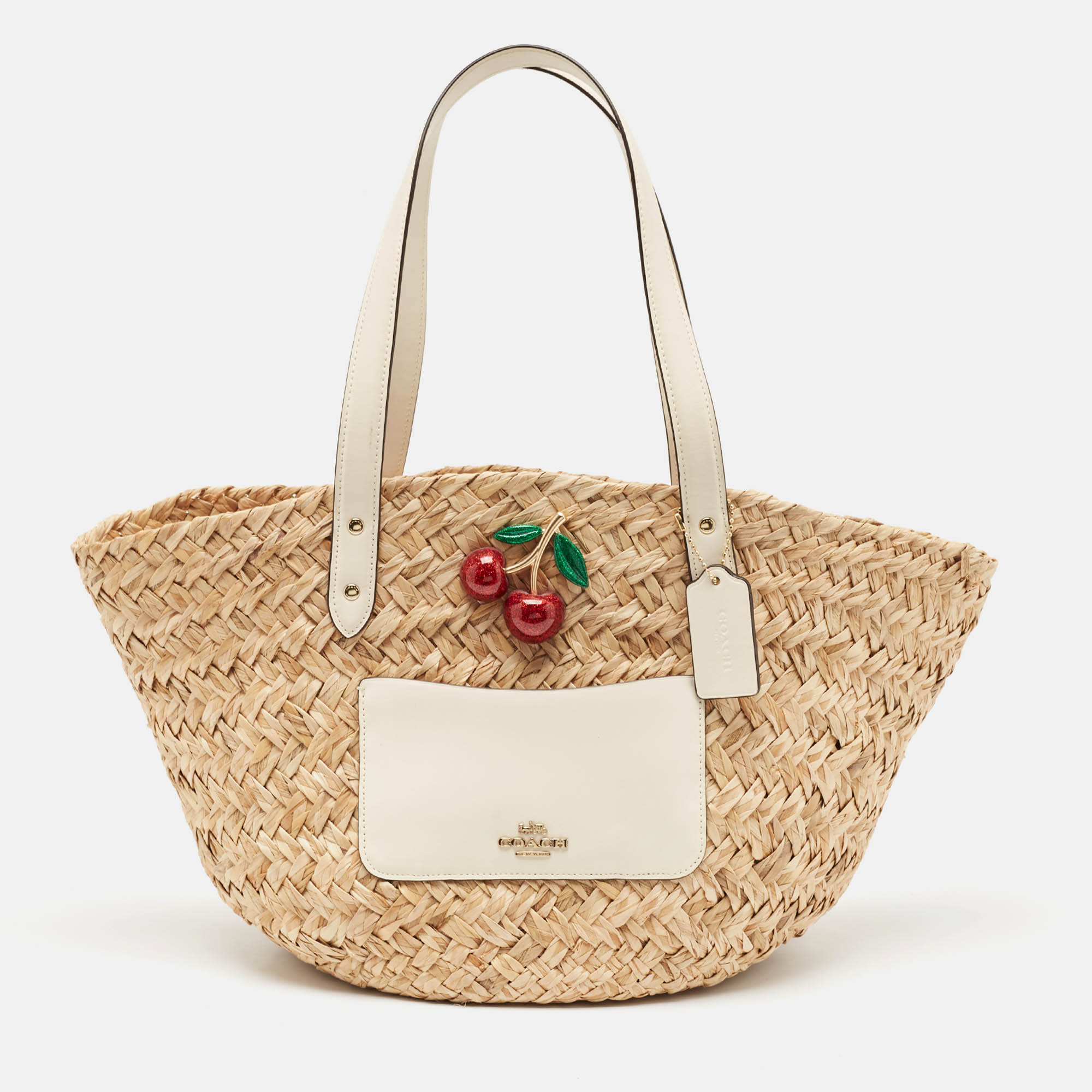 

Coach Beige/White Raffia Straw and Leather Cherry Basket Tote