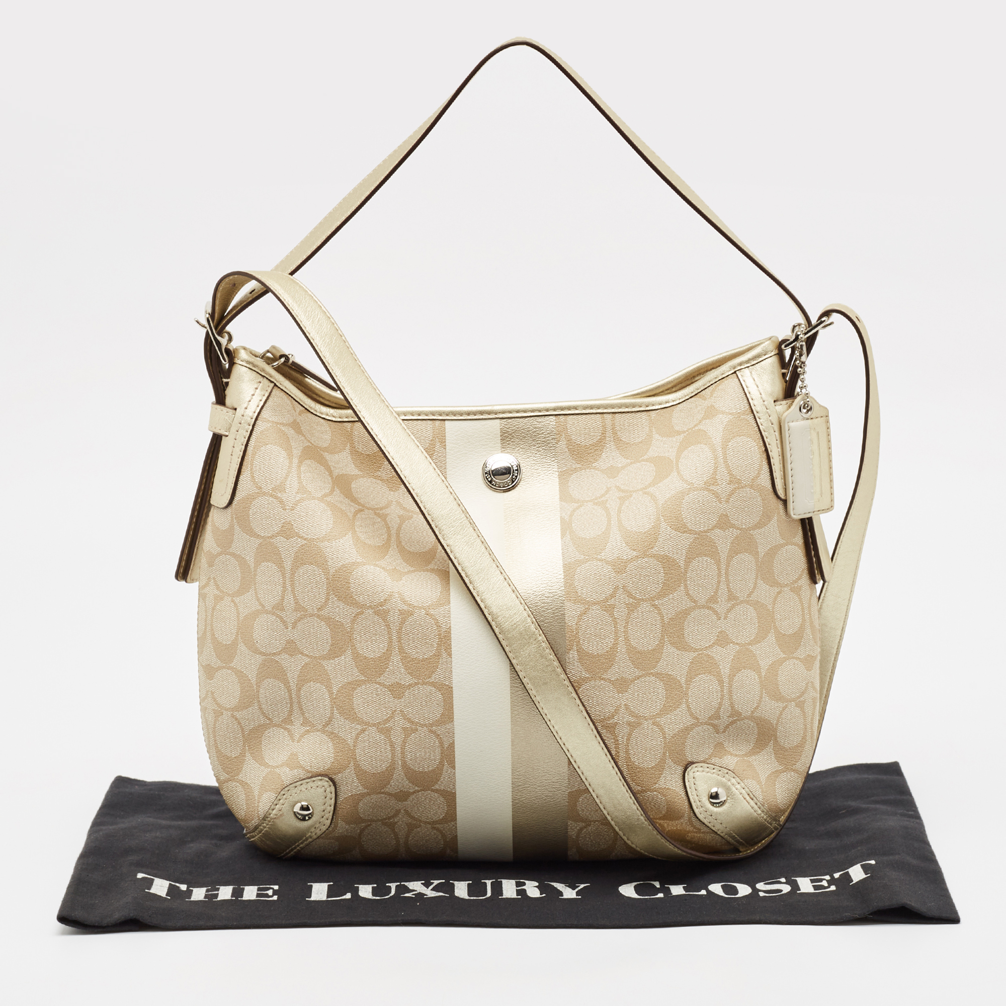 Coach Gold/Beige Signature Coated Canvas and Leather Chelsea Heritage Stripe Hobo 