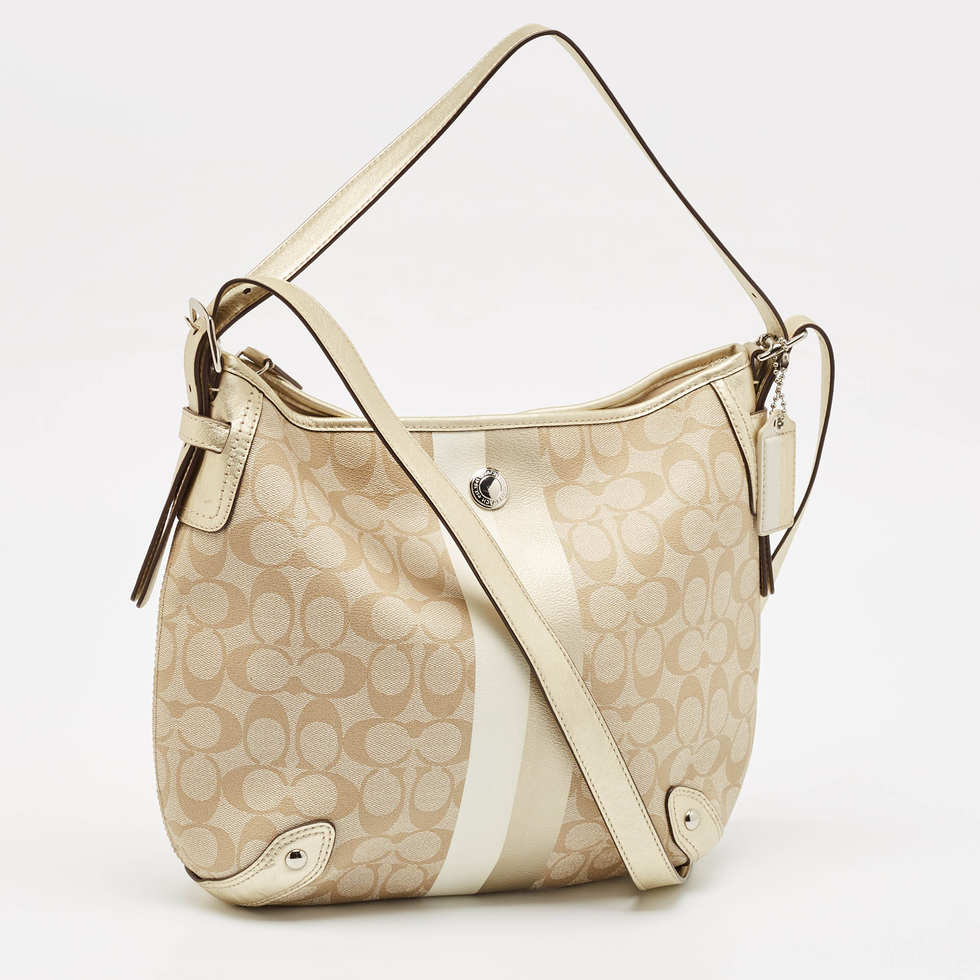 Coach Gold/Beige Signature Coated Canvas and Leather Chelsea Heritage Stripe Hobo 