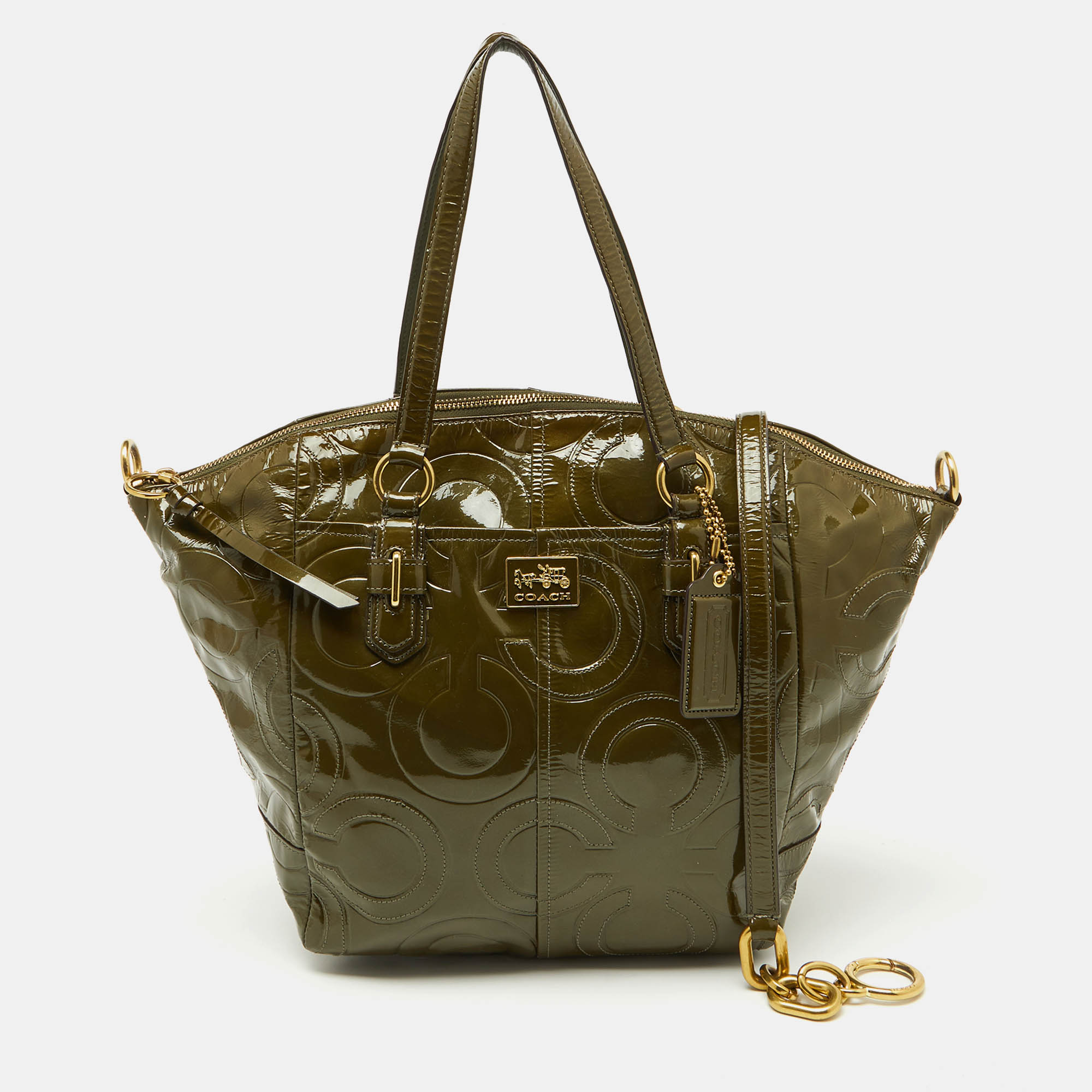 

Coach Olive Green Op Art Embossed Patent Leather Madison Satchel