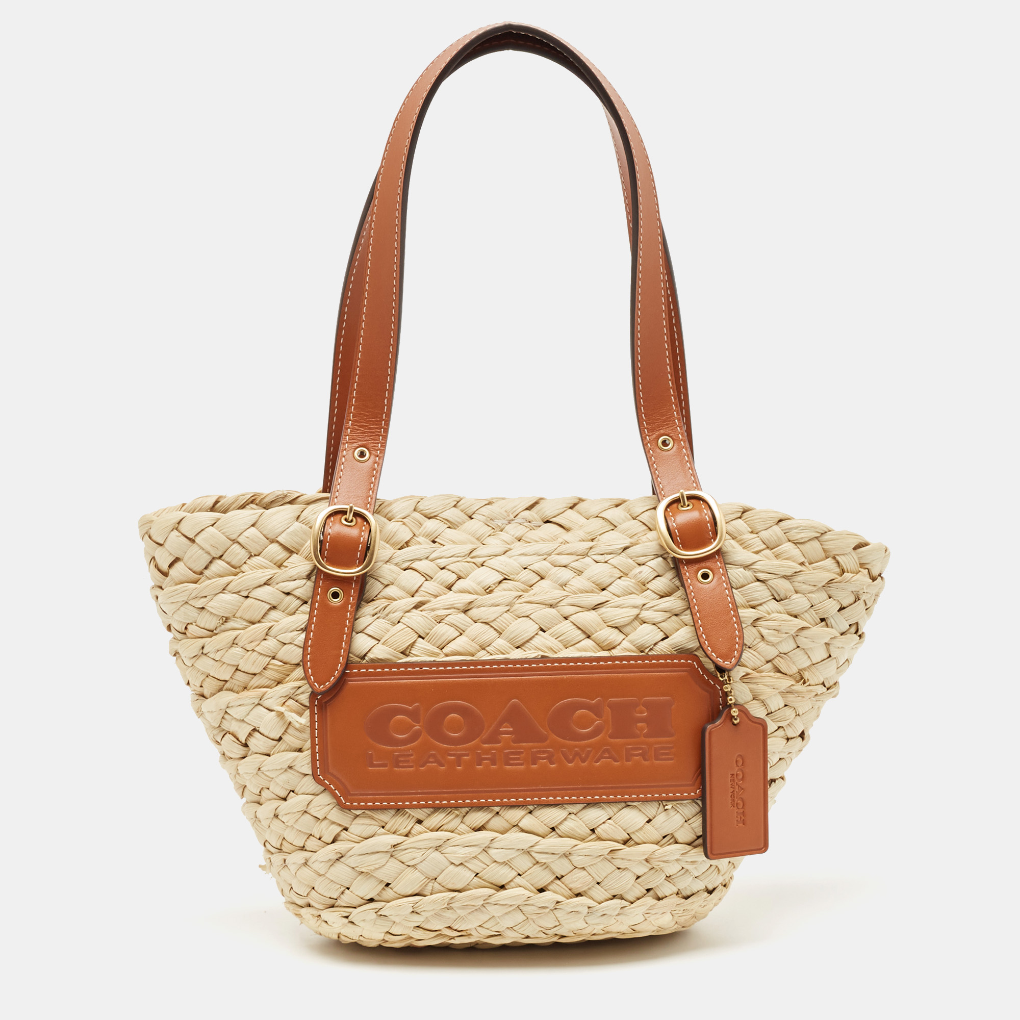 

Coach Beige/Brown Straw and Leather Structured 16 Tote