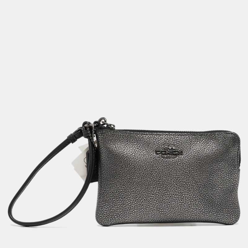 

Coach Metallic Black Leather Zip Wristlet Clutch