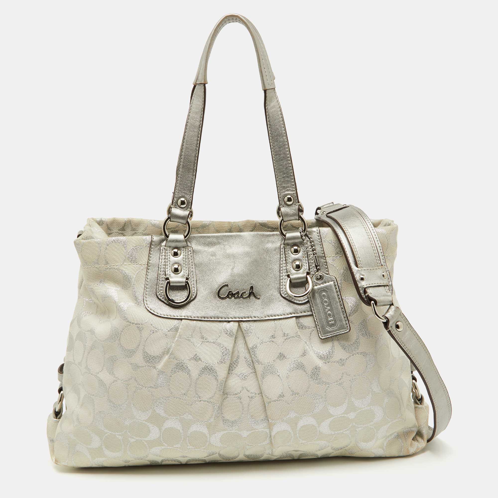 

Coach White/Silver Signature Canvas and Leather Ashley Tote