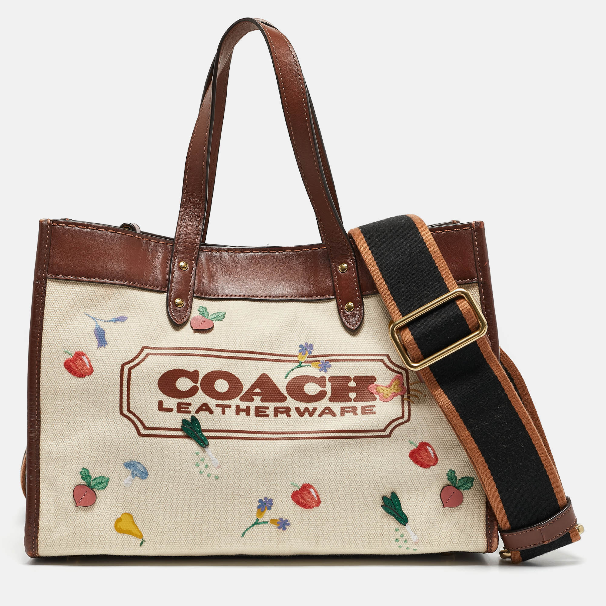 

Coach Beige/Cream Canvas and Leather Garden Embroidery Field 30 Tote, Brown