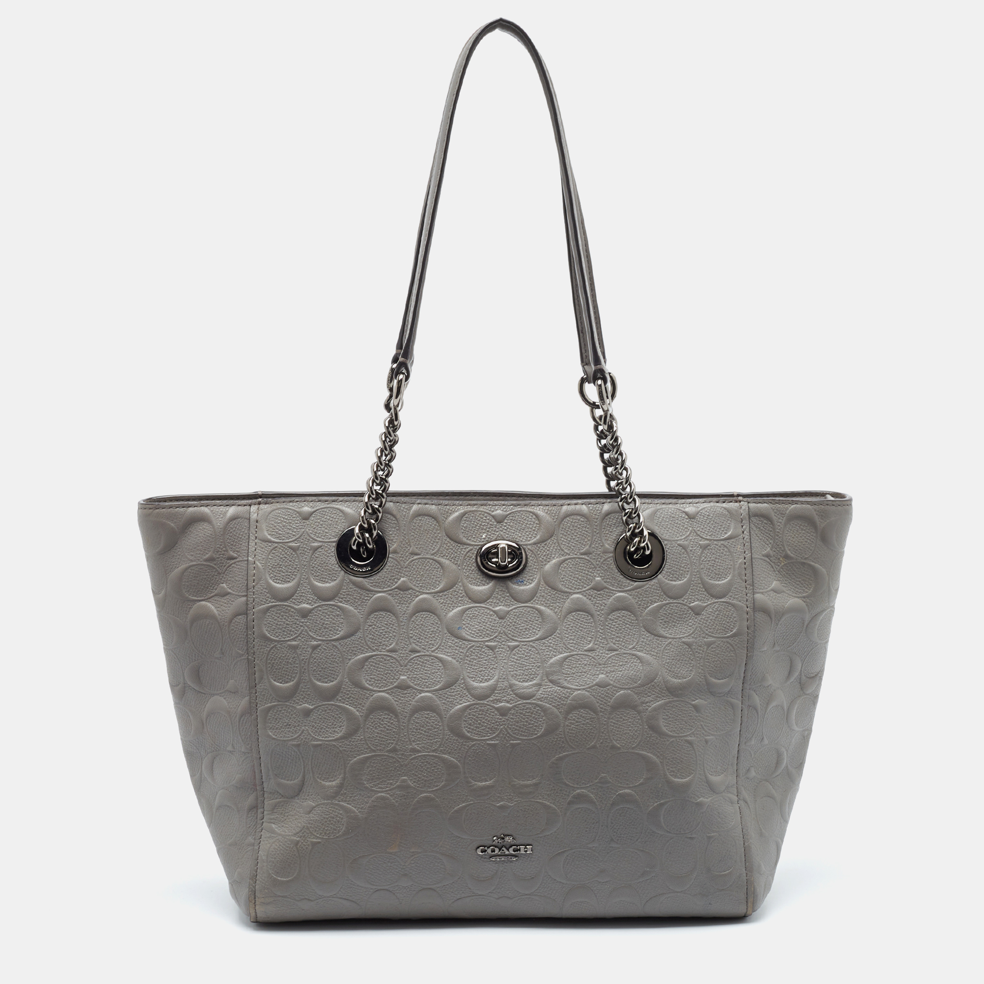 

Coach Grey Signature Embossed Leather Turnlock Chain Tote