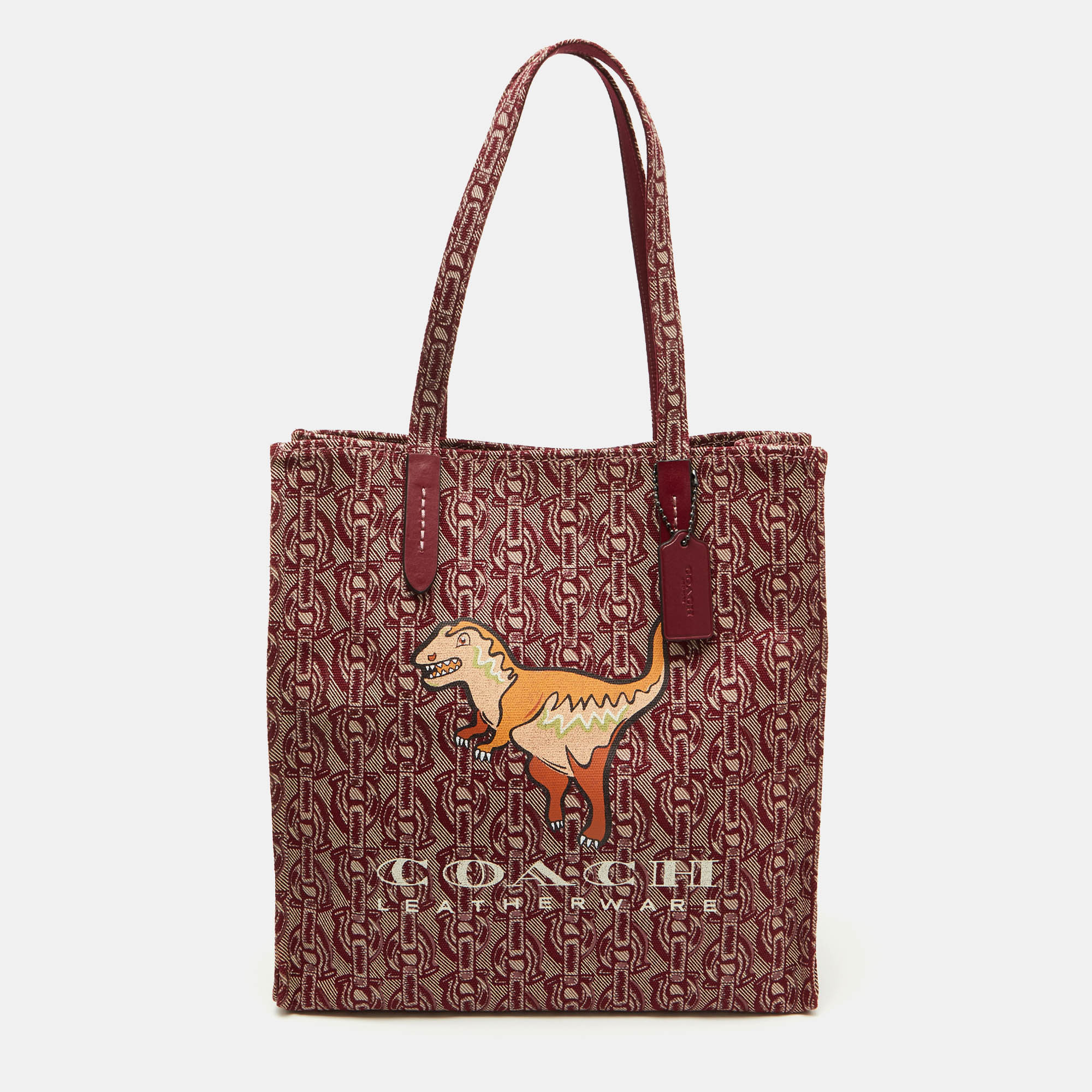 Pre-owned Coach Burgundy/beige Canvas Rexy Dinosaur Print Shopper Tote