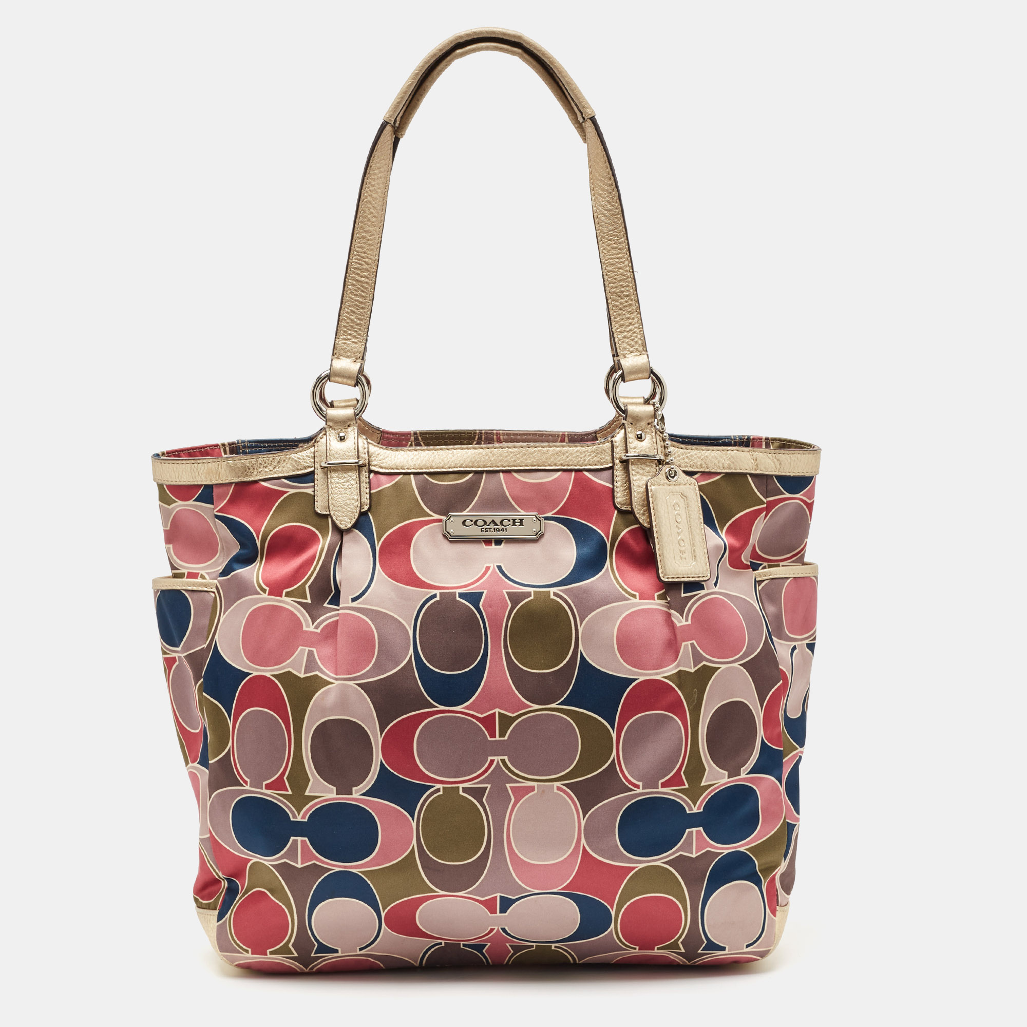 

Coach Multicolor Op Art Satin and Leather Side Pocket Tote